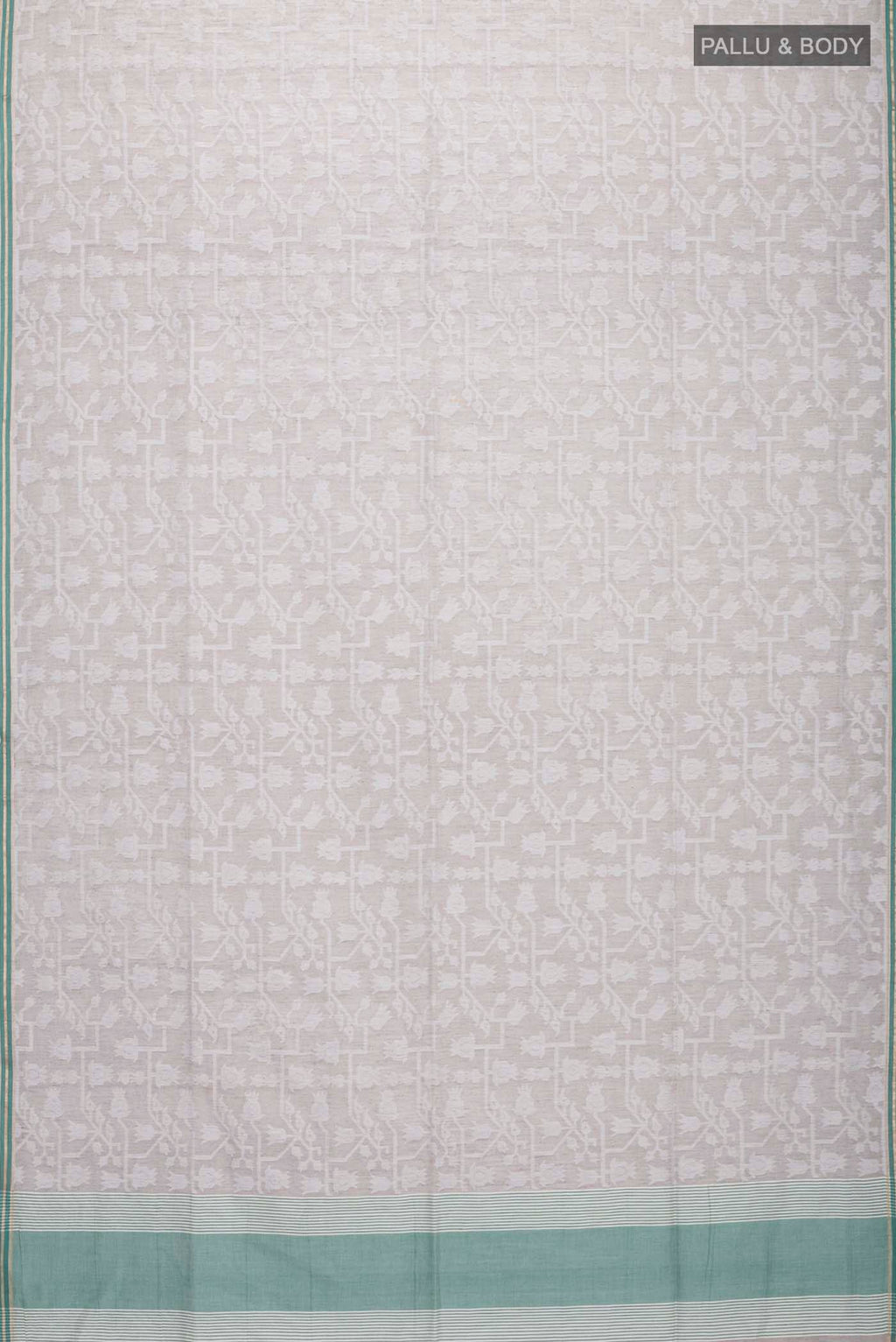 Flat view of Grey Bengal Cotton Saree with Jamdani on the body and Plain Border