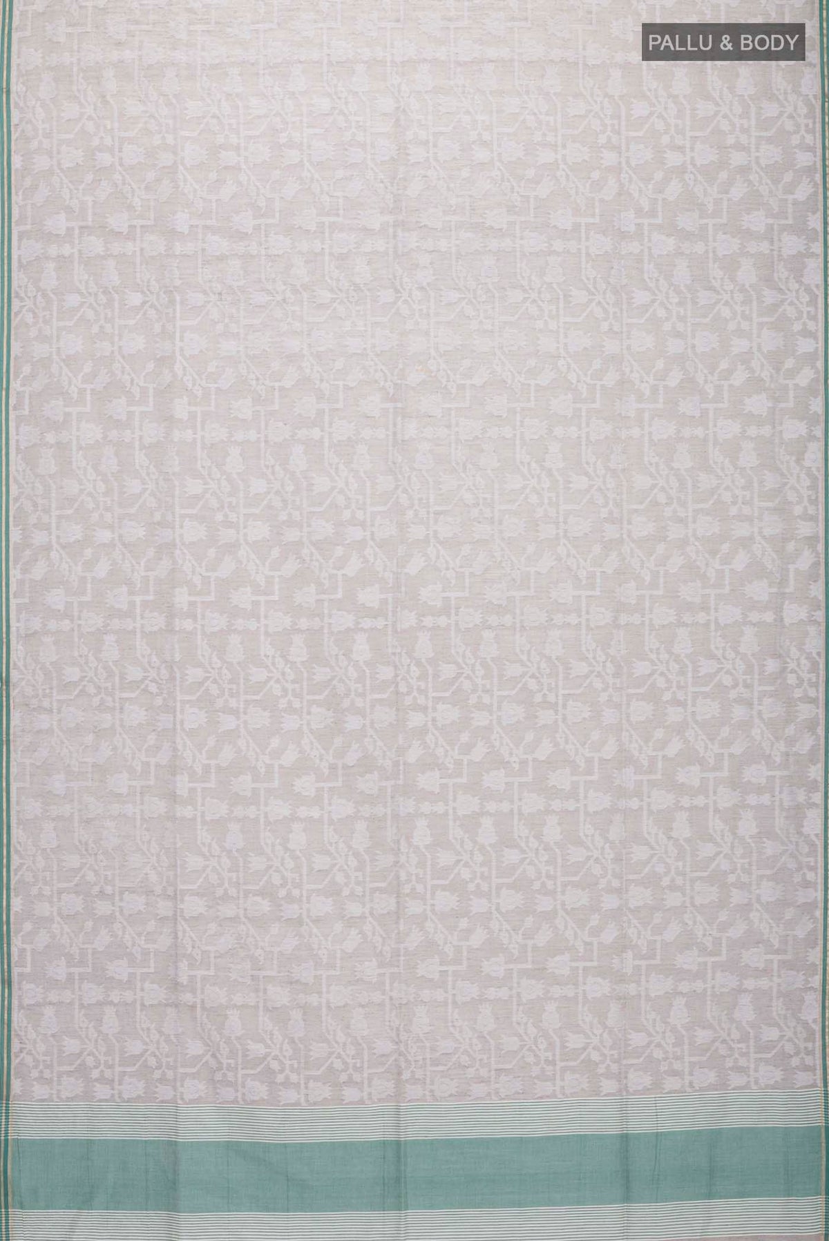Flat view of Grey Bengal Cotton Saree with Jamdani on the body and Plain Border