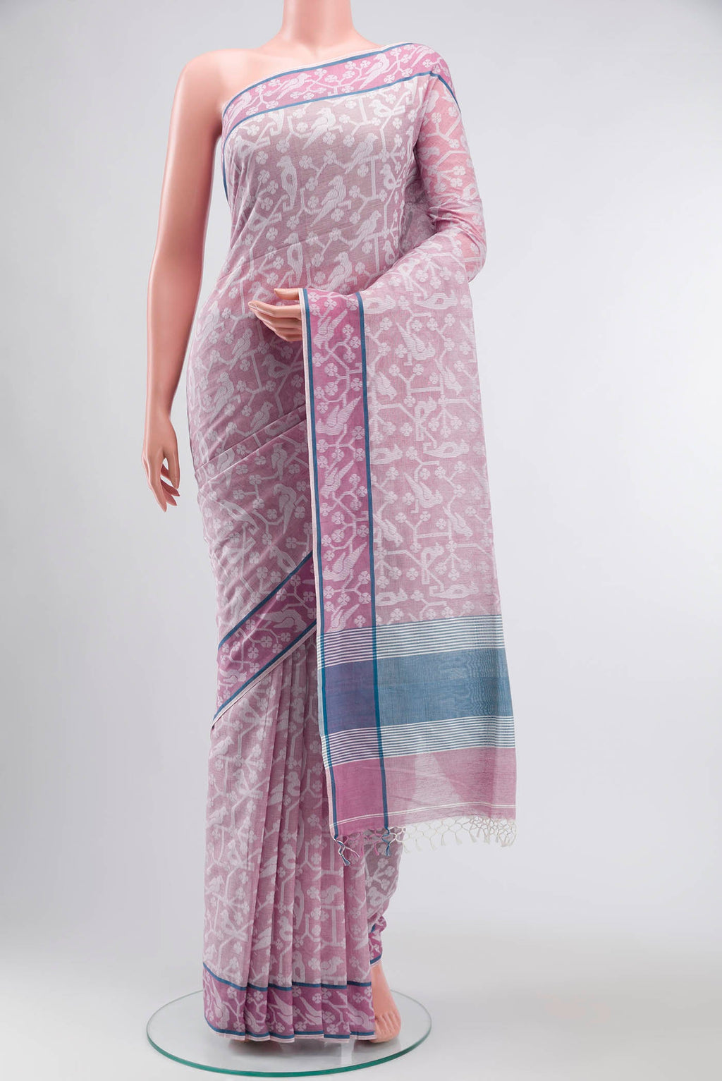 Mauve Bengal Cotton Saree with Jamdani on the body and Thread Border displayed on a mannequin