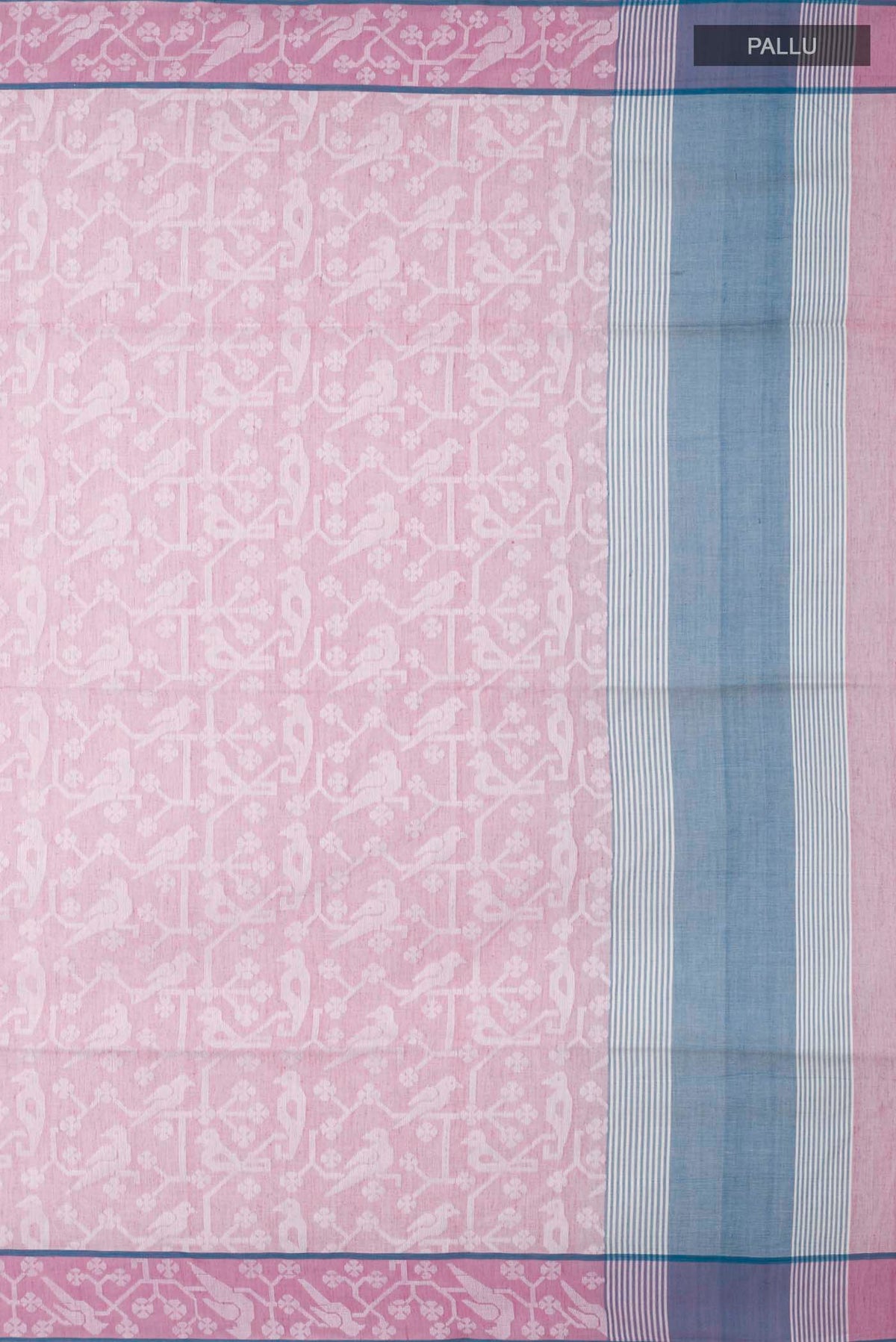 Close up image of the pallu of Mauve Bengal Cotton Saree with Jamdani on the body and Thread Border