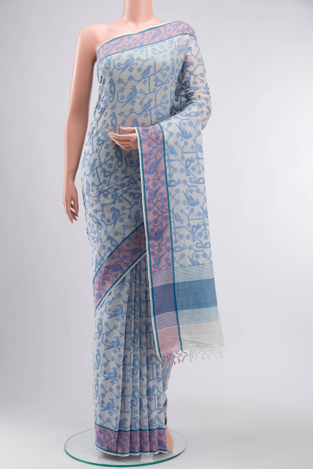 Cream Bengal Cotton Saree with Jamdani on the body and Thread Border displayed on a mannequin
