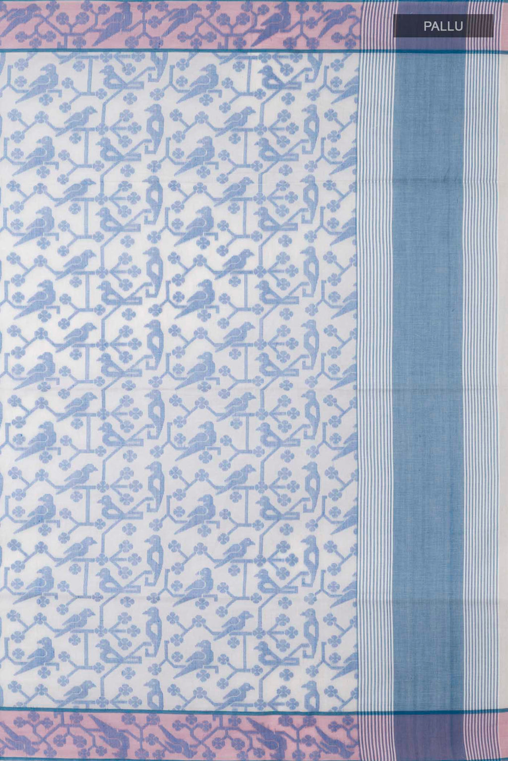 Close up image of the pallu of Cream Bengal Cotton Saree with Jamdani on the body and Thread Border