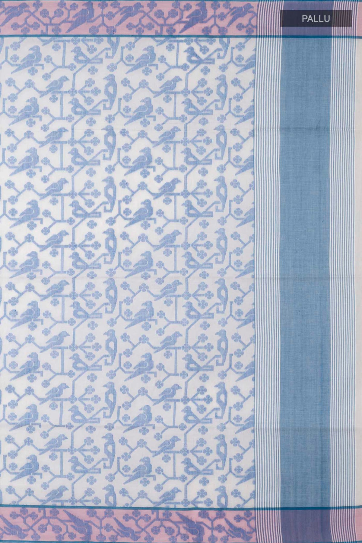 Close up image of the pallu of Cream Bengal Cotton Saree with Jamdani on the body and Thread Border