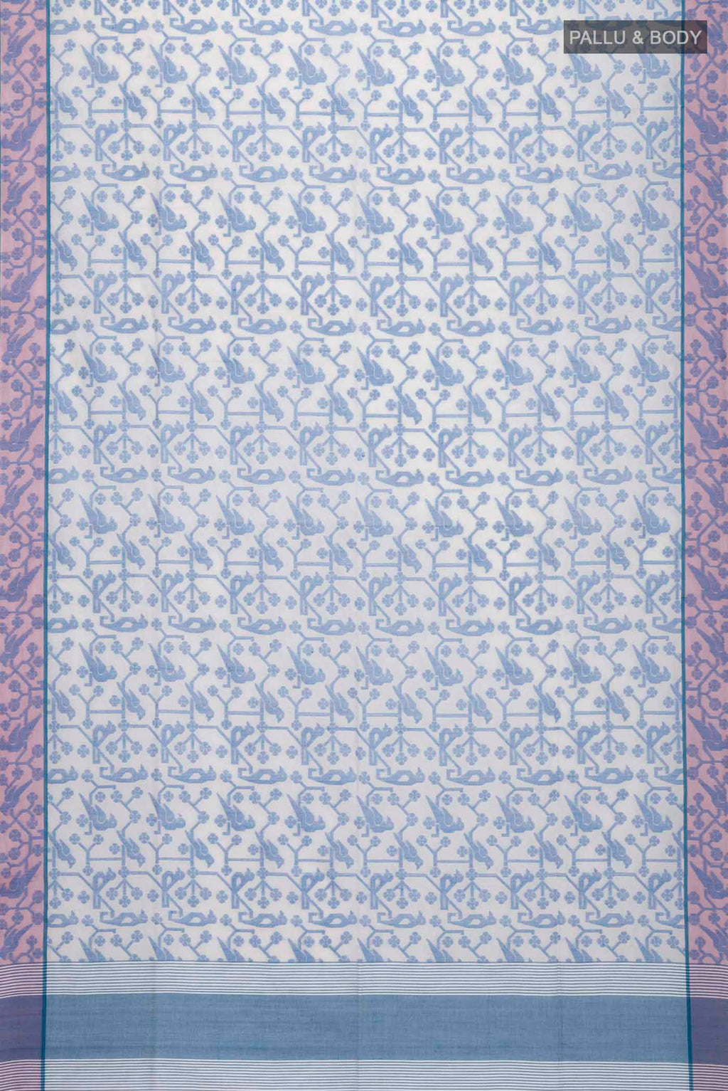 Flat view of Cream Bengal Cotton Saree with Jamdani on the body and Thread Border
