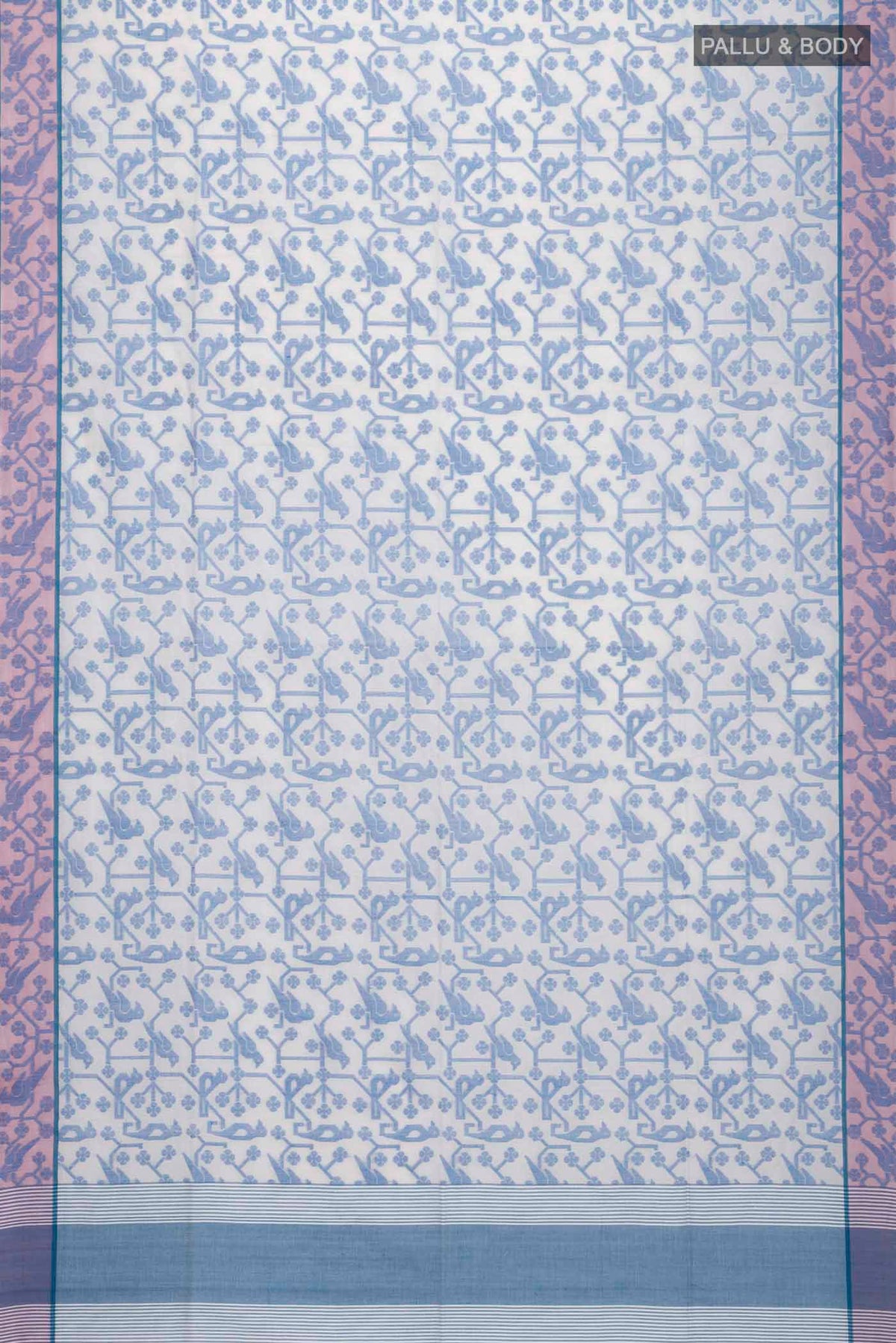 Flat view of Cream Bengal Cotton Saree with Jamdani on the body and Thread Border