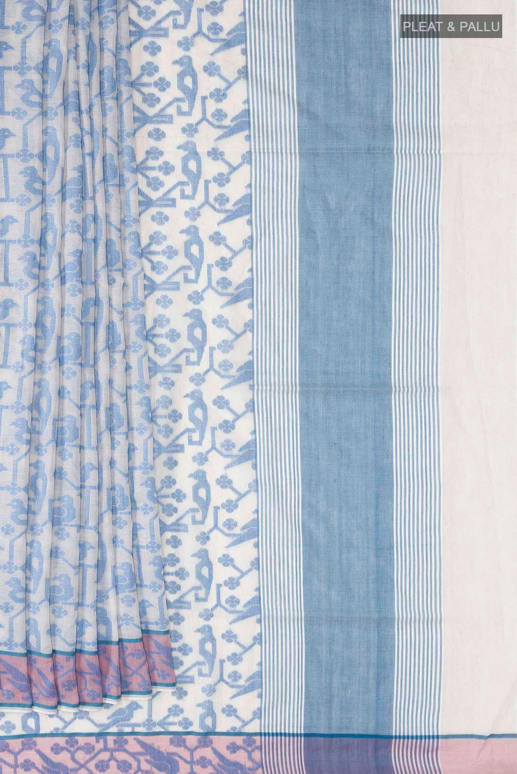 Pleats and pallu of Cream Bengal Cotton Saree with Jamdani on the body and Thread Border