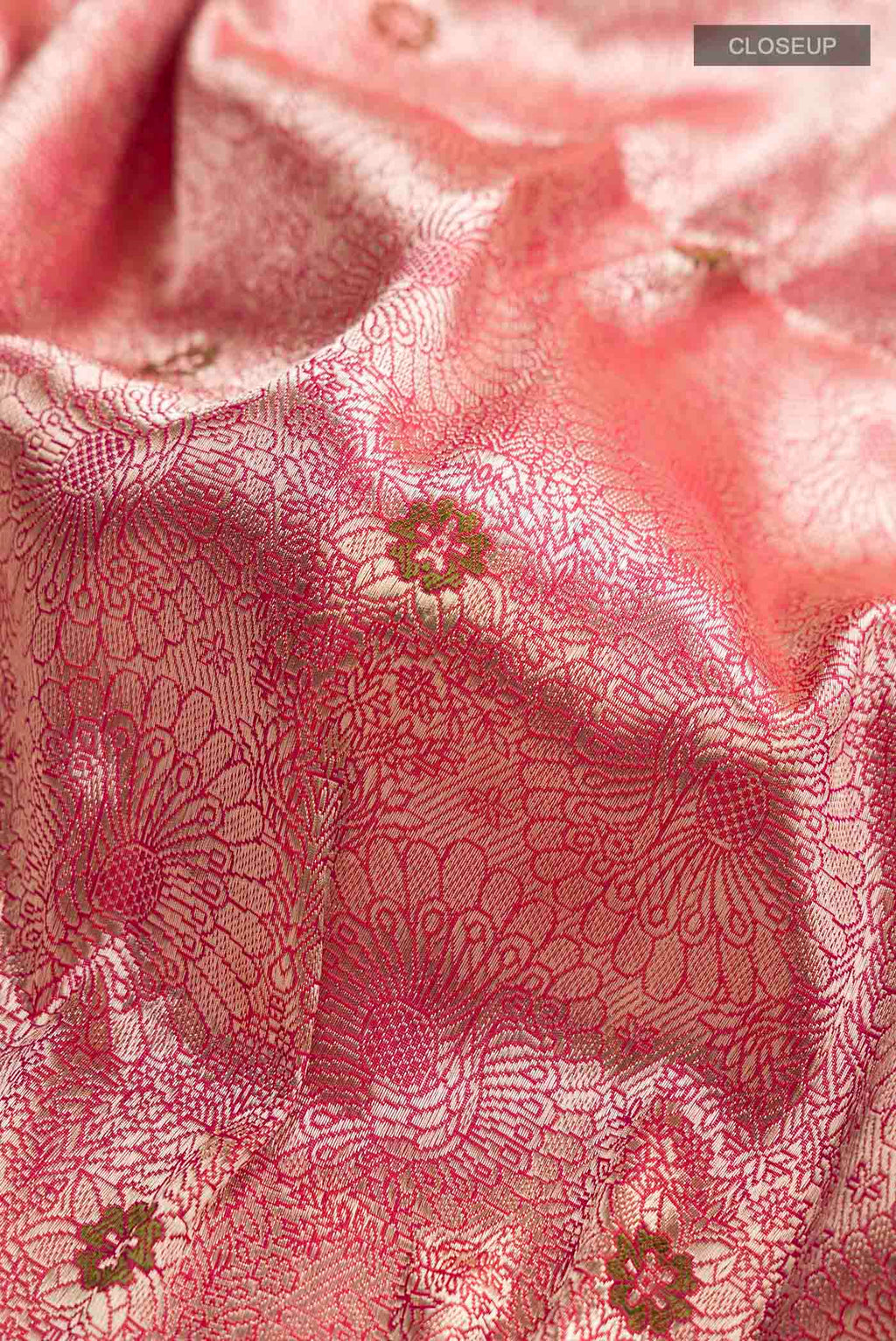 Close up of Multi Color Banarasi Silk Saree with Zari Brocade on the body and Zari Border displaying folds