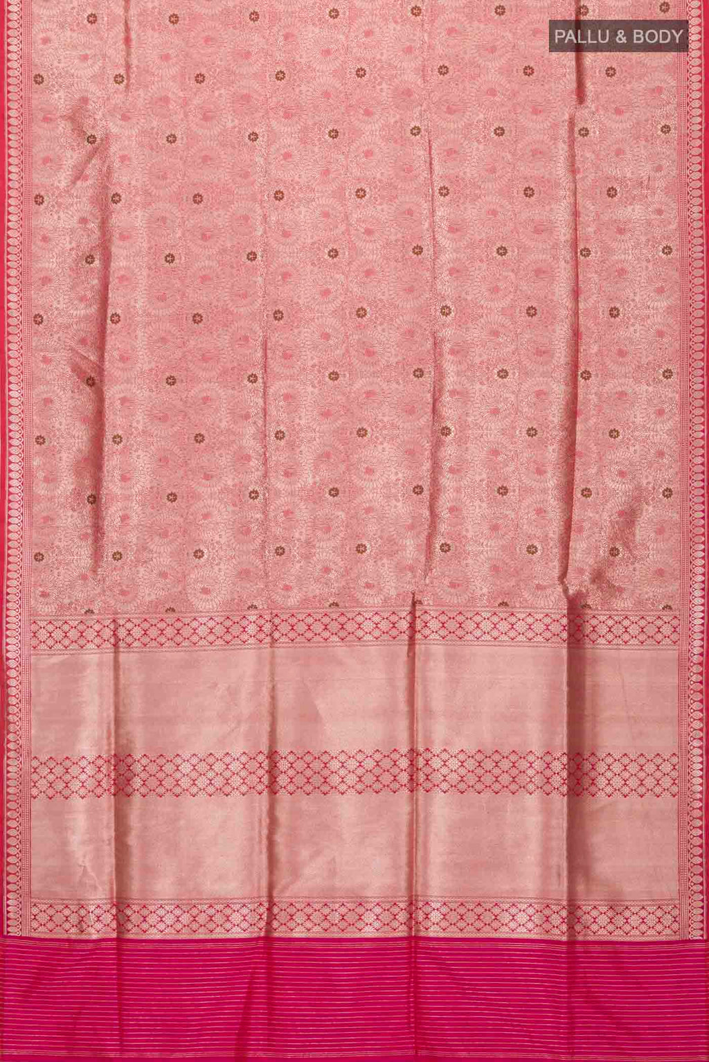 Flat view of Multi Color Banarasi Silk Saree with Zari Brocade on the body and Zari Border