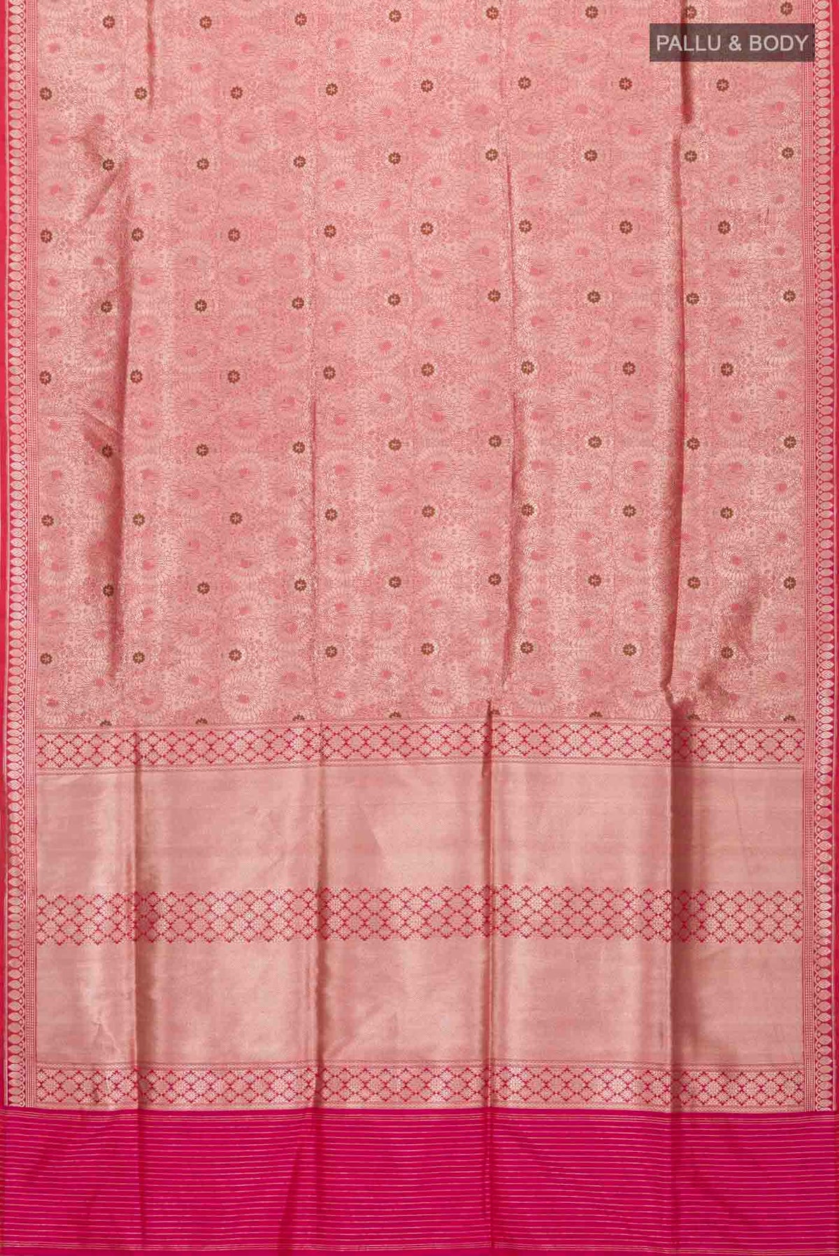 Flat view of Multi Color Banarasi Silk Saree with Zari Brocade on the body and Zari Border