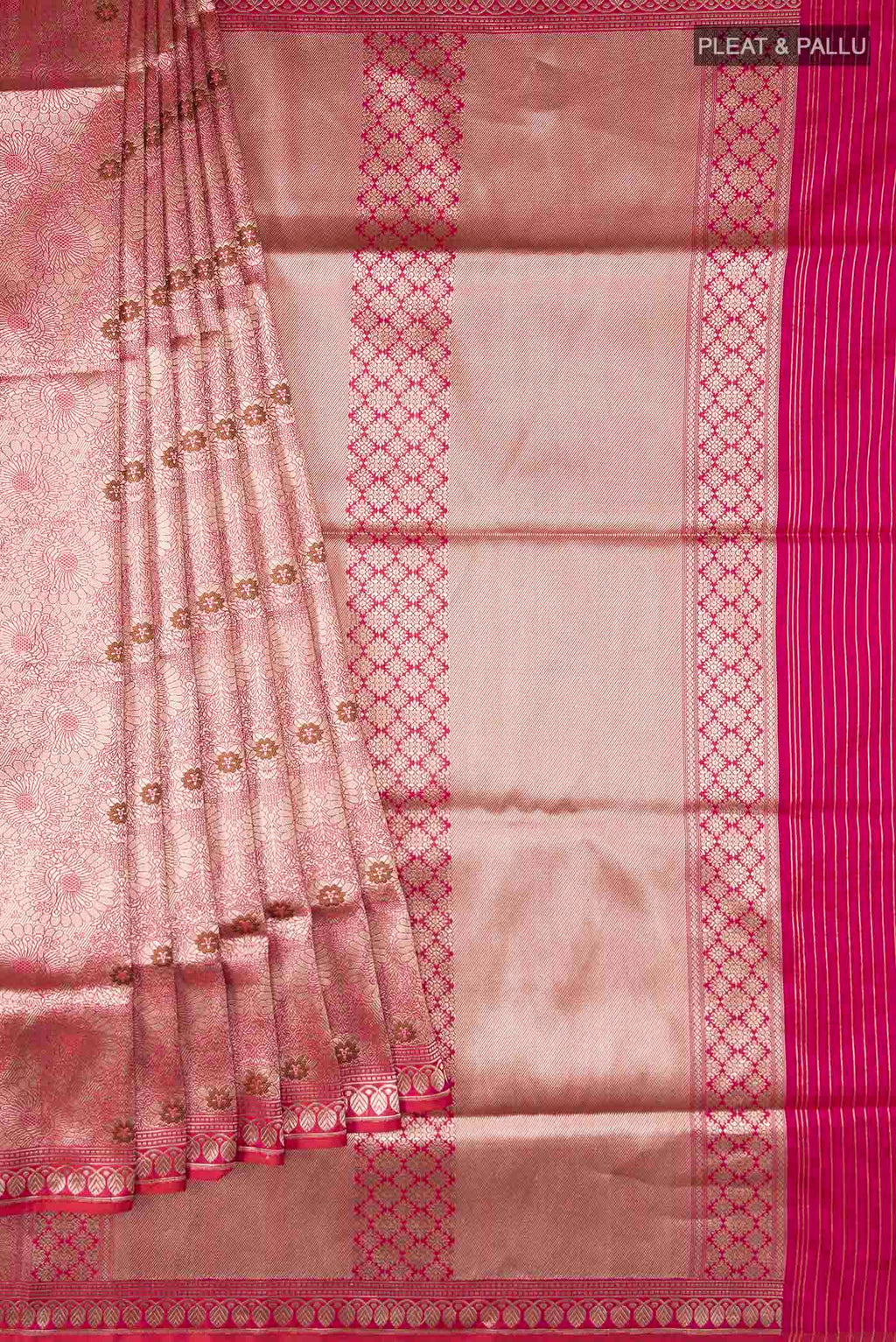 Pleats and pallu of Multi Color Banarasi Silk Saree with Zari Brocade on the body and Zari Border