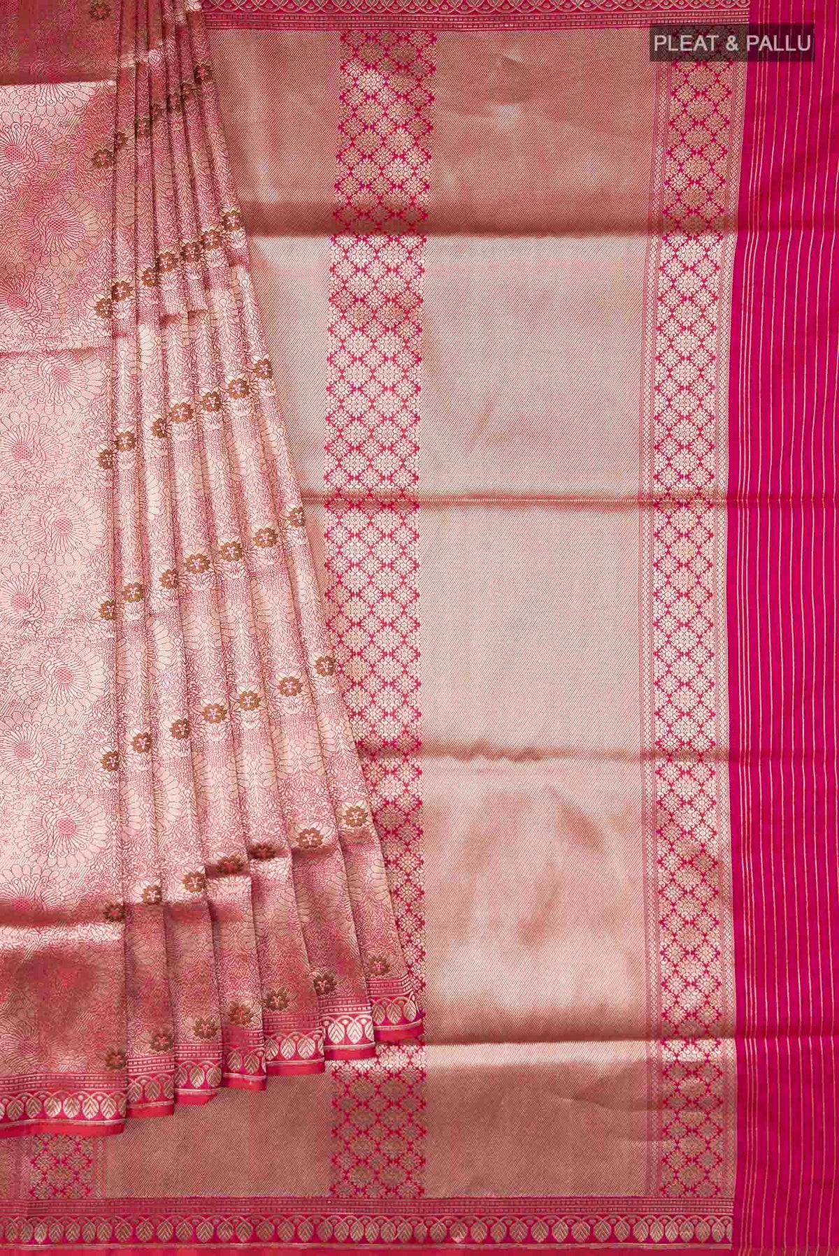 Pleats and pallu of Multi Color Banarasi Silk Saree with Zari Brocade on the body and Zari Border