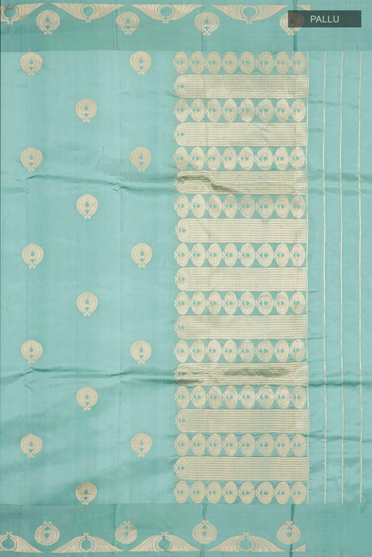Close up image of the pallu of Green Banarasi Katan Silk Saree with Zari Butta on the body and Zari Border