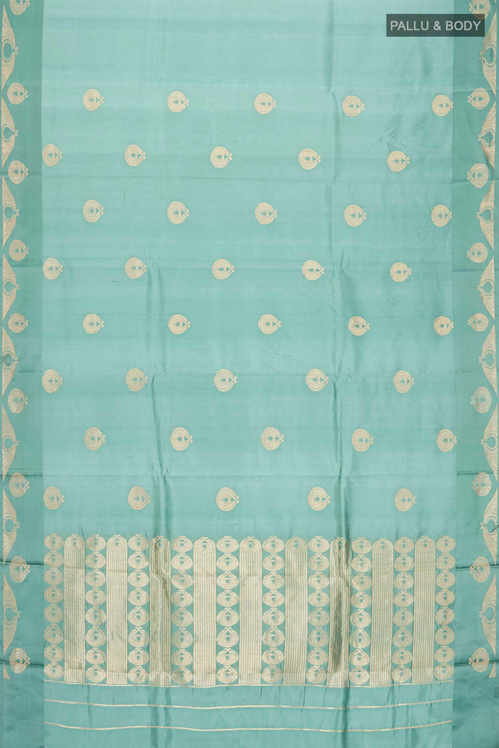 Flat view of Green Banarasi Katan Silk Saree with Zari Butta on the body and Zari Border