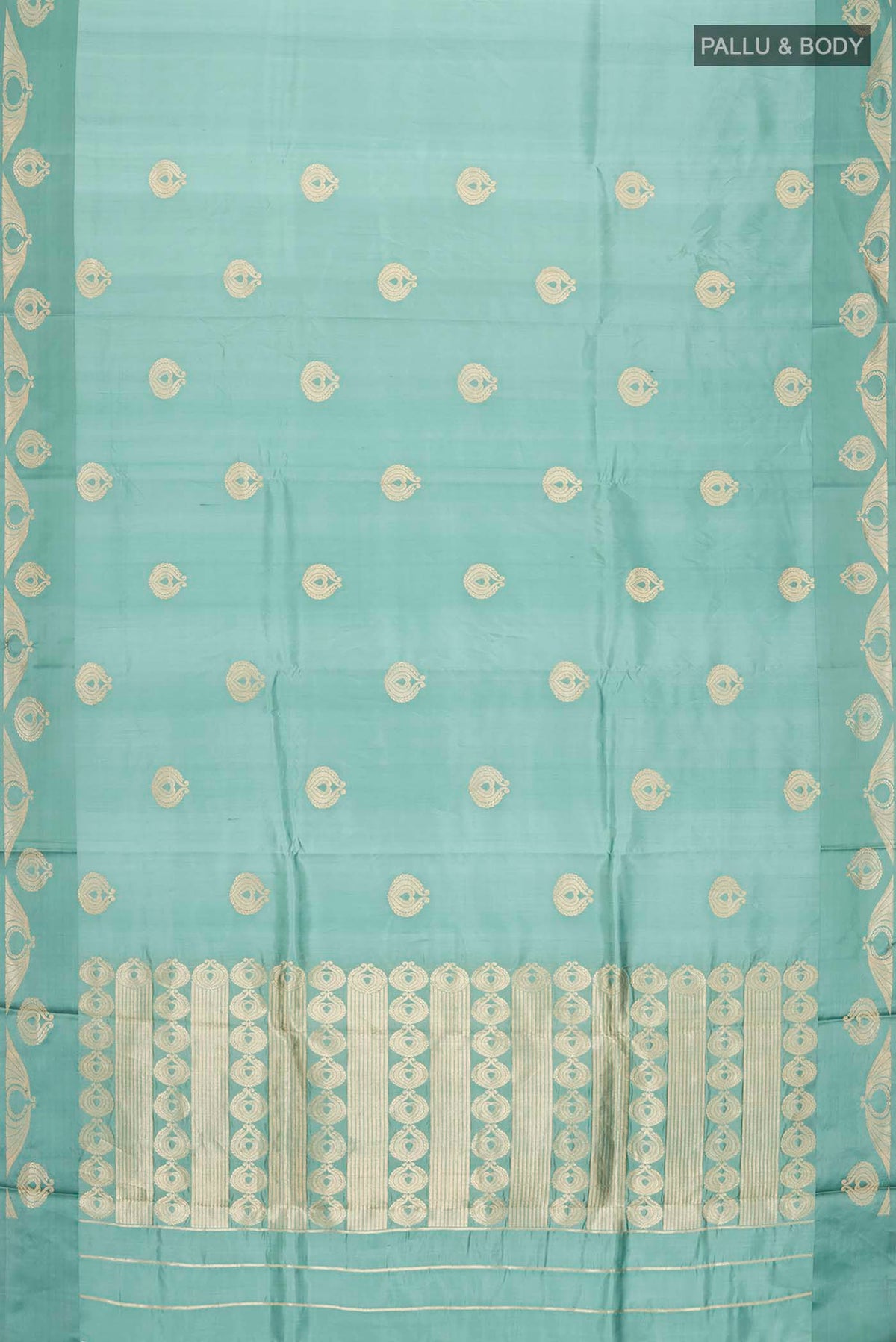 Flat view of Green Banarasi Katan Silk Saree with Zari Butta on the body and Zari Border