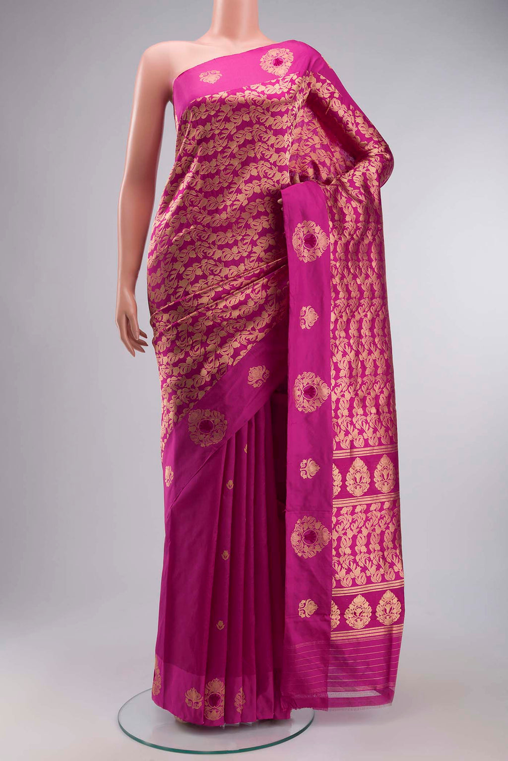 Pink Banarasi Katan Silk Saree with Zari Brocade on the body and Zari Border displayed on a mannequin