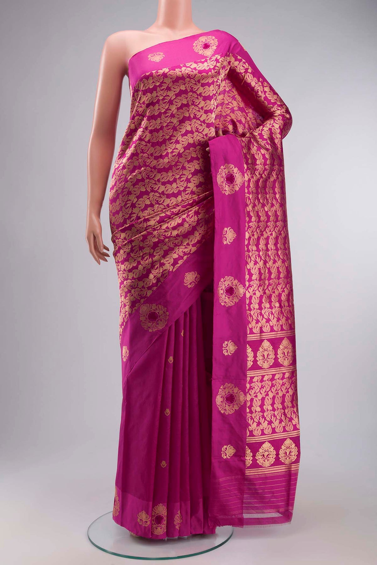 Pink Banarasi Katan Silk Saree with Zari Brocade on the body and Zari Border displayed on a mannequin