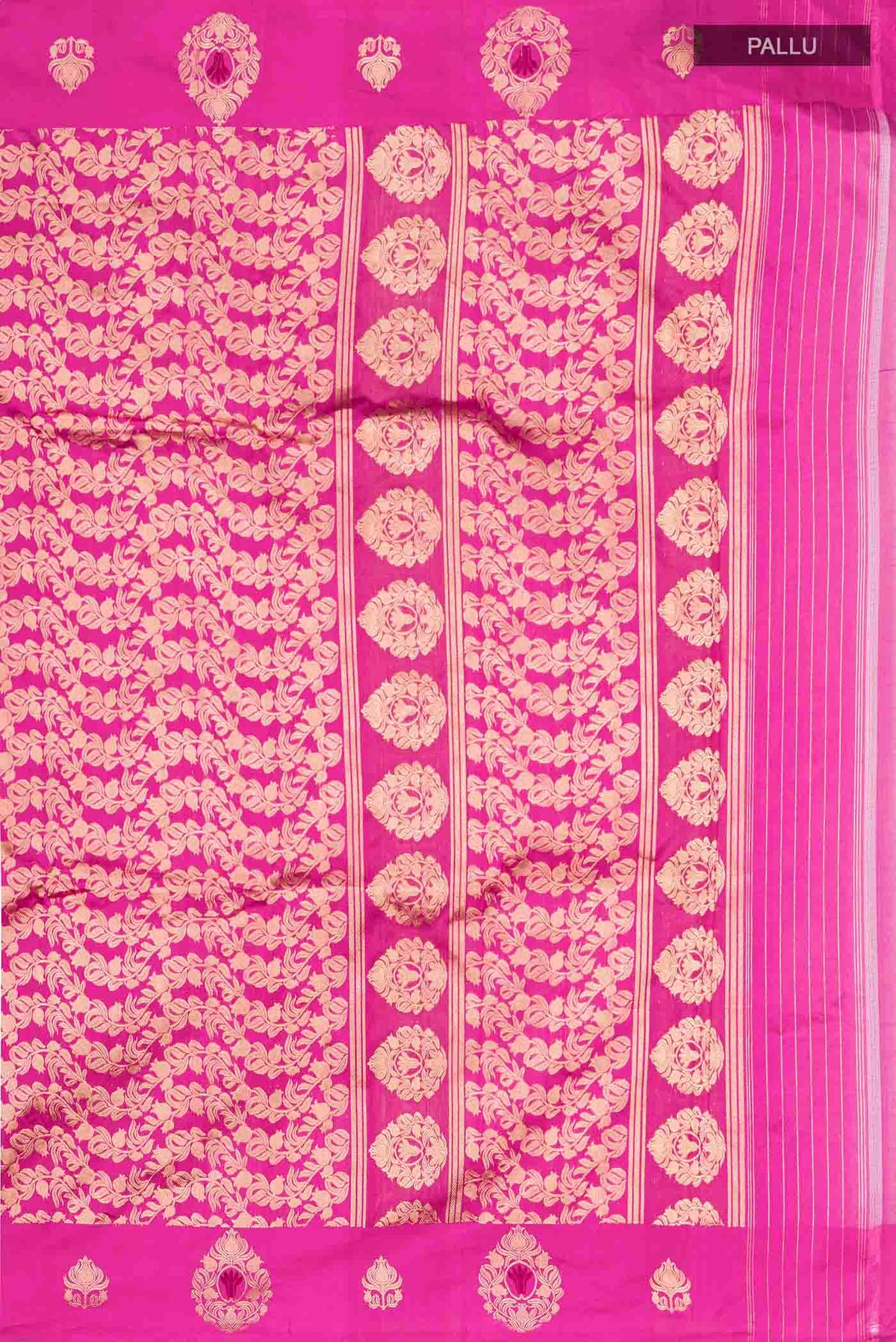 Close up image of the pallu of Pink Banarasi Katan Silk Saree with Zari Brocade on the body and Zari Border
