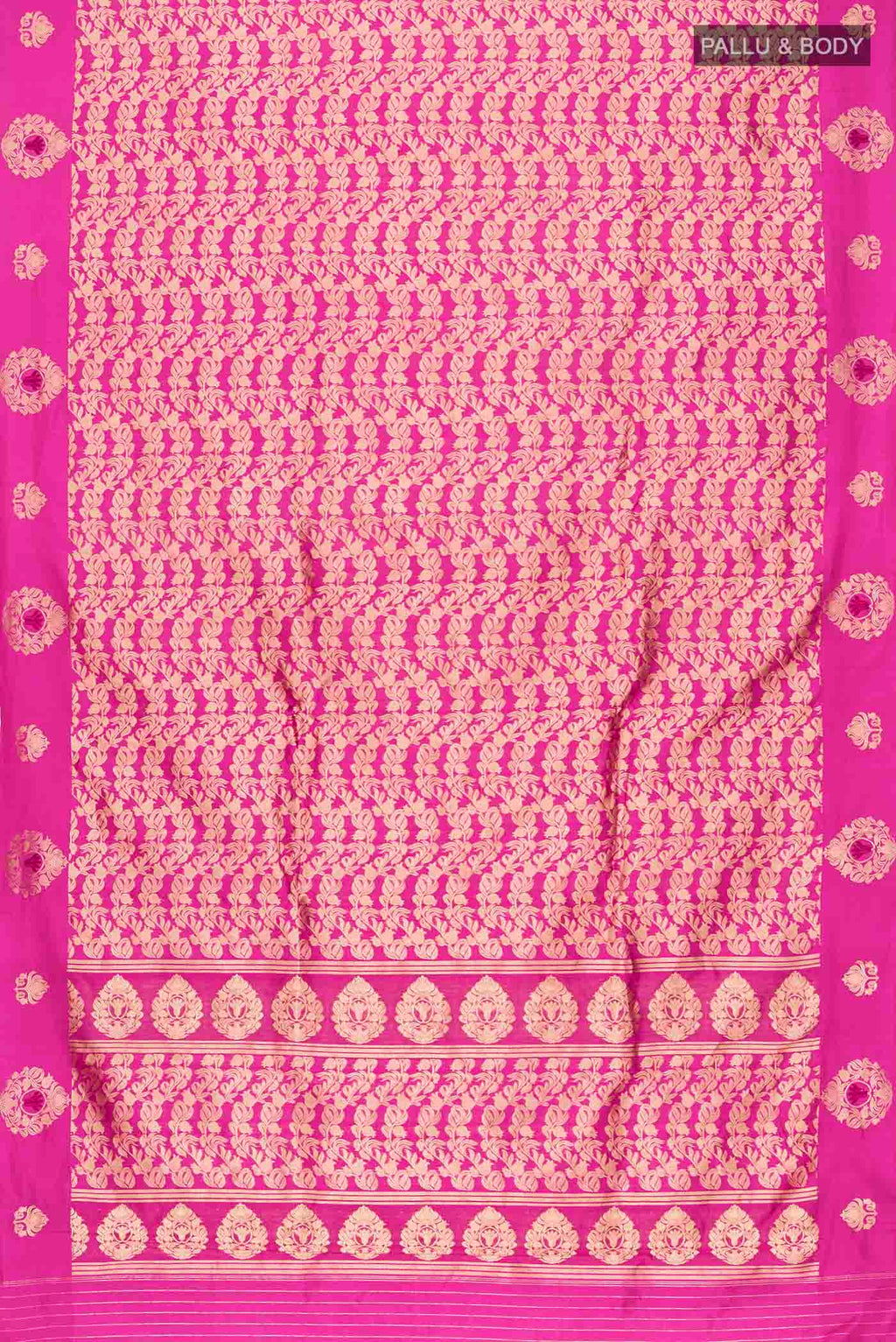 Flat view of Pink Banarasi Katan Silk Saree with Zari Brocade on the body and Zari Border