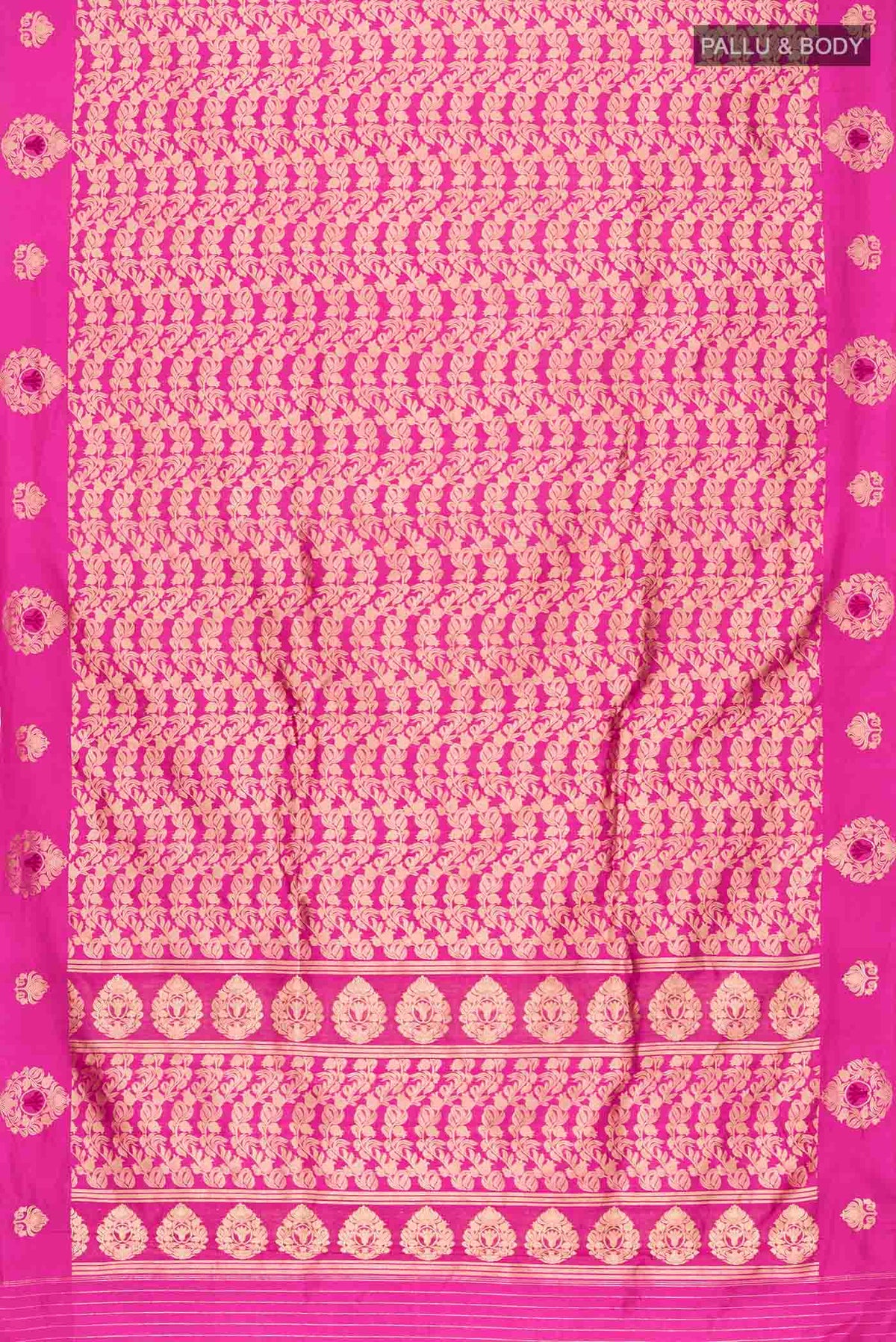 Flat view of Pink Banarasi Katan Silk Saree with Zari Brocade on the body and Zari Border