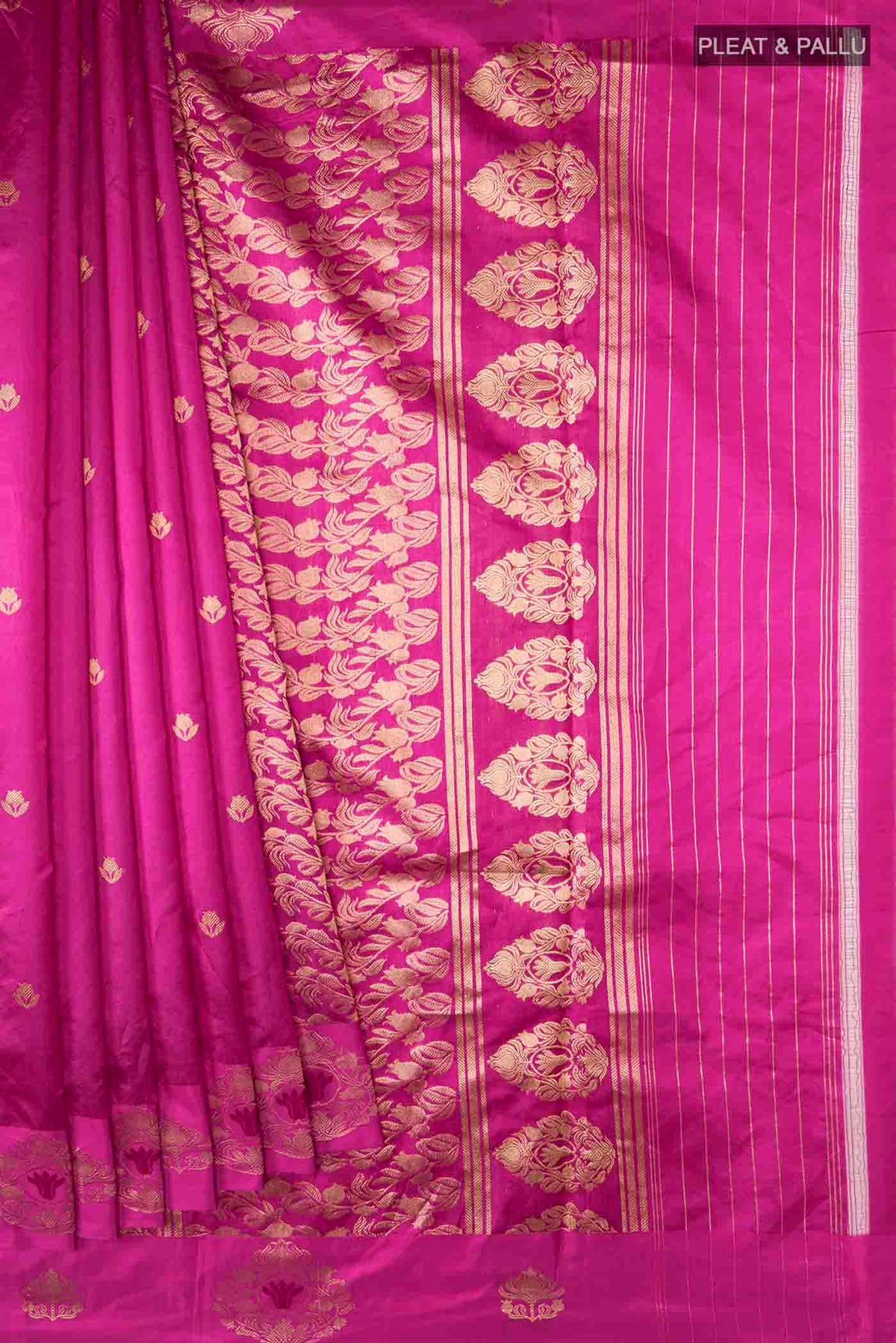 Pleats and pallu of Pink Banarasi Katan Silk Saree with Zari Brocade on the body and Zari Border