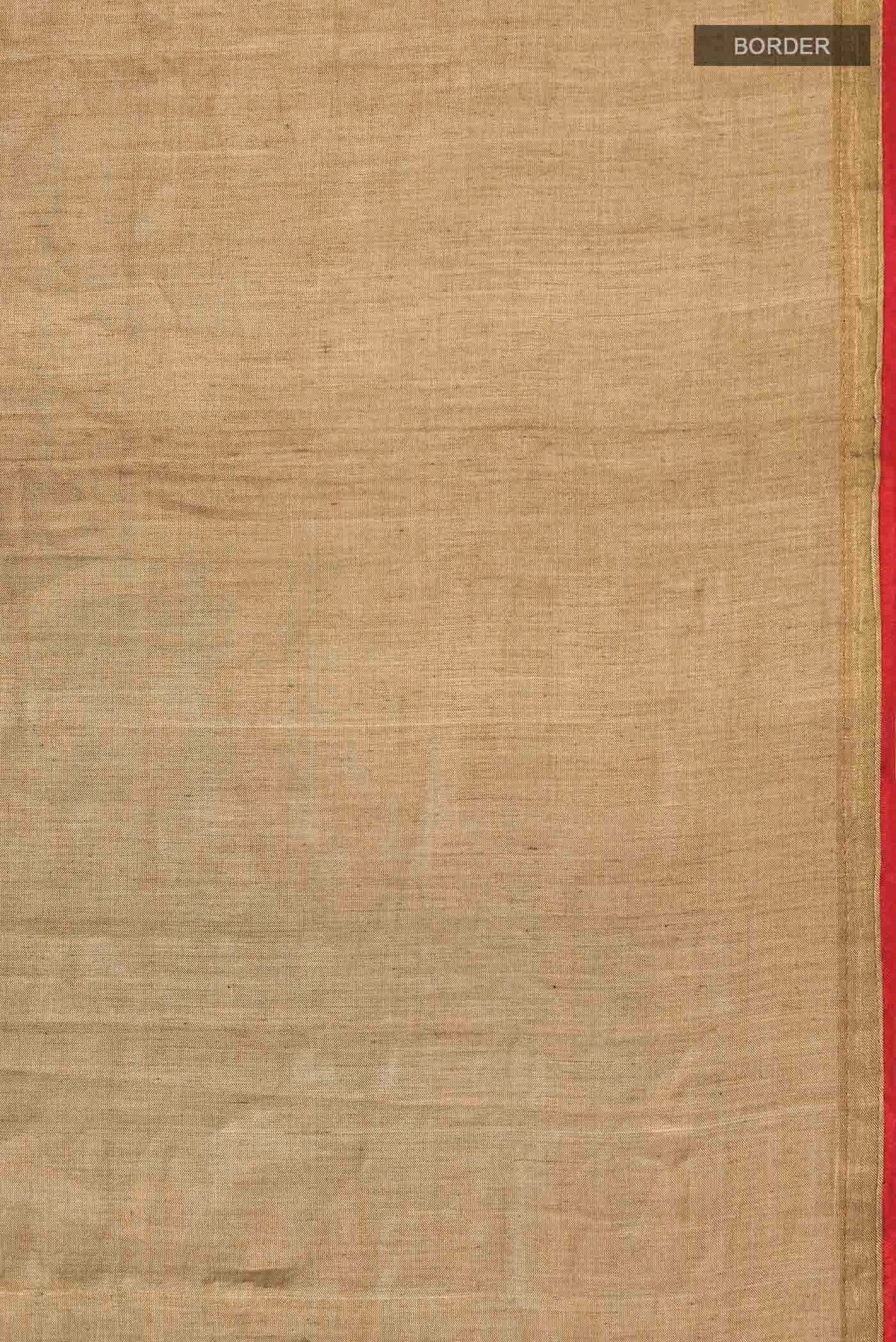 Border image of Rumana is crafted in delicate tissue enriched with antique-gold zardozi, brought to life through dabka, sequins, and coloured beads The pallu unfolds with konia motifs and flowing pomegranate vines, anchored by a drop-shaped buta rendered in a stylised pomegranate form The body carries evenly placed butas that continue into the pleats, lending the saree a gentle, composed rhythm A classic gota trim completes this elegant expression of symbolic craft