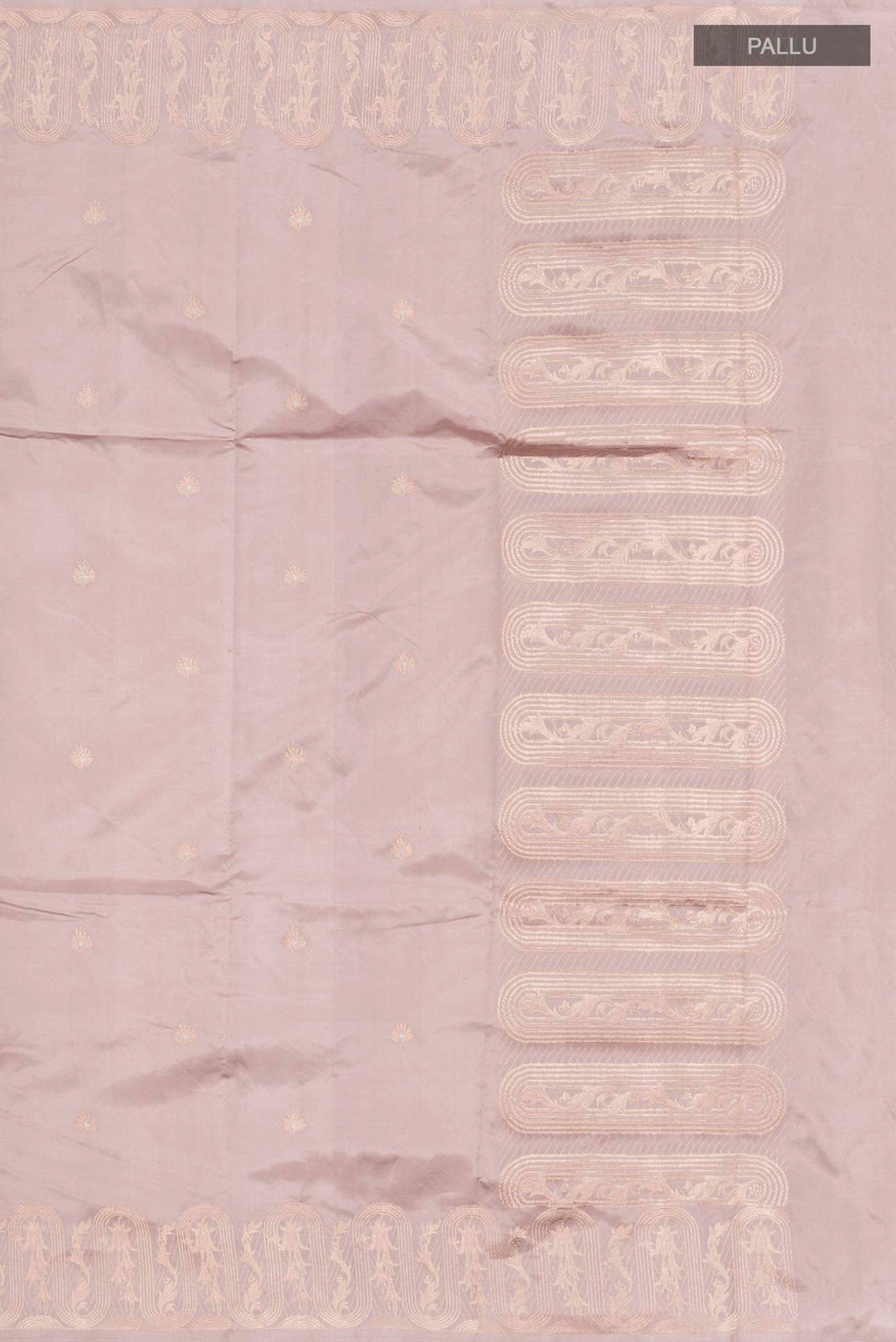 Close up image of the pallu of Mauve Banarasi Katan Silk Saree with Zari Butta on the body and Zari Border