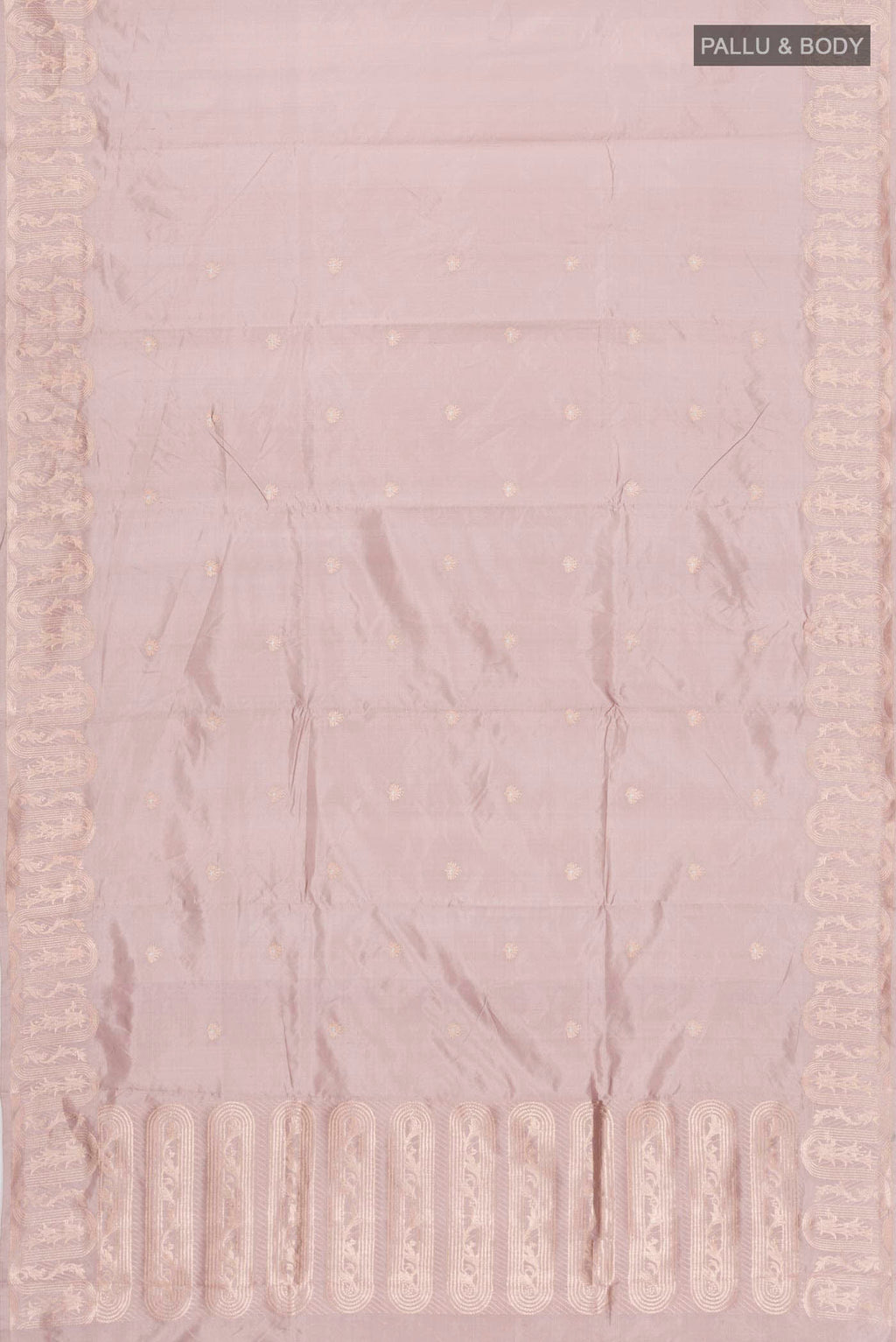 Flat view of Mauve Banarasi Katan Silk Saree with Zari Butta on the body and Zari Border