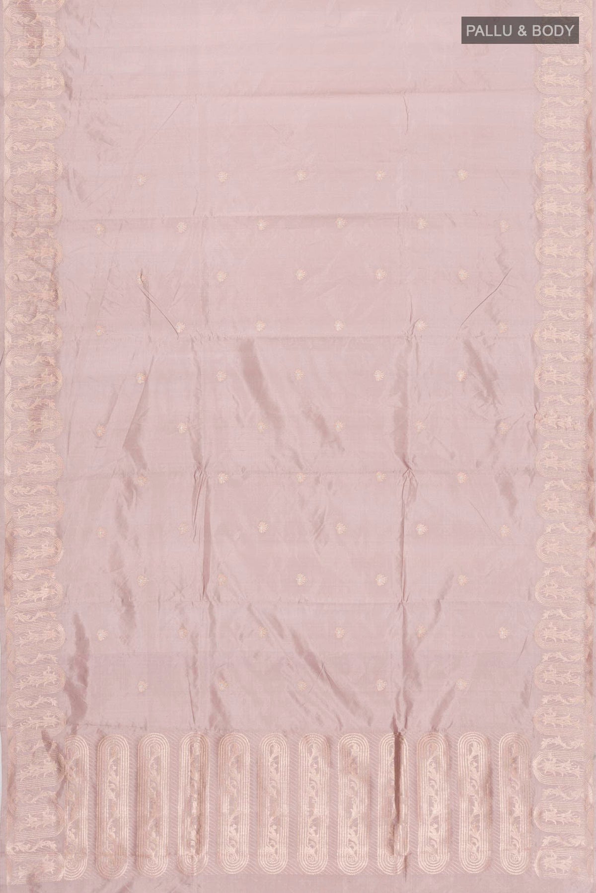 Flat view of Mauve Banarasi Katan Silk Saree with Zari Butta on the body and Zari Border