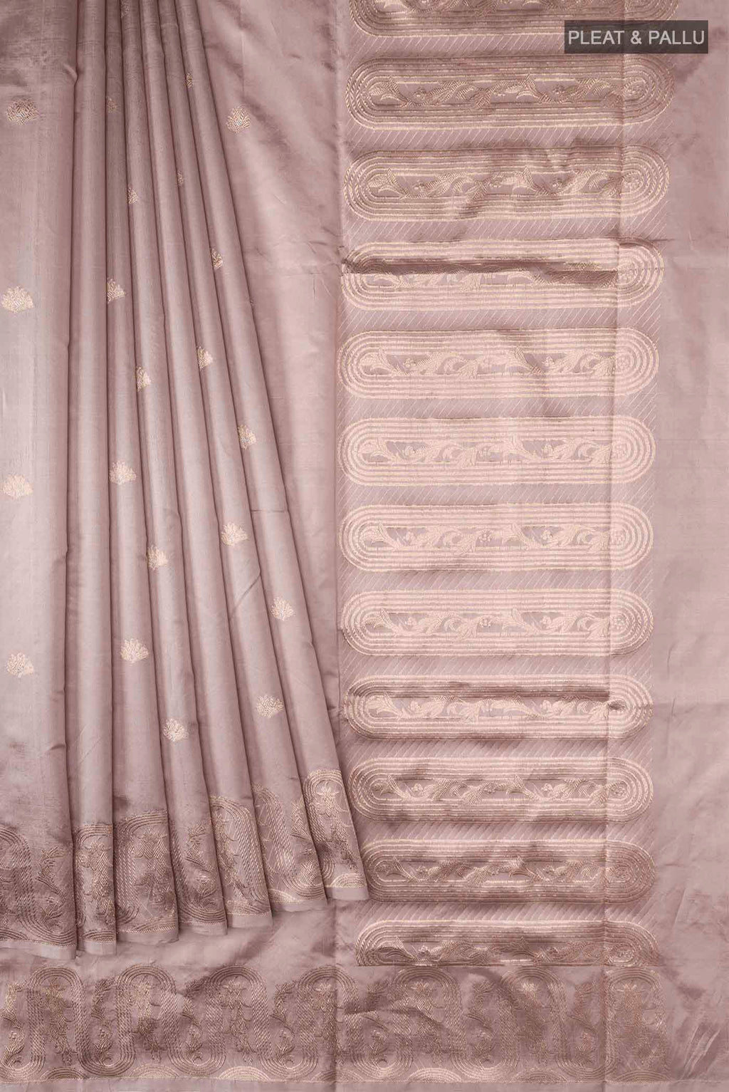 Pleats and pallu of Mauve Banarasi Katan Silk Saree with Zari Butta on the body and Zari Border