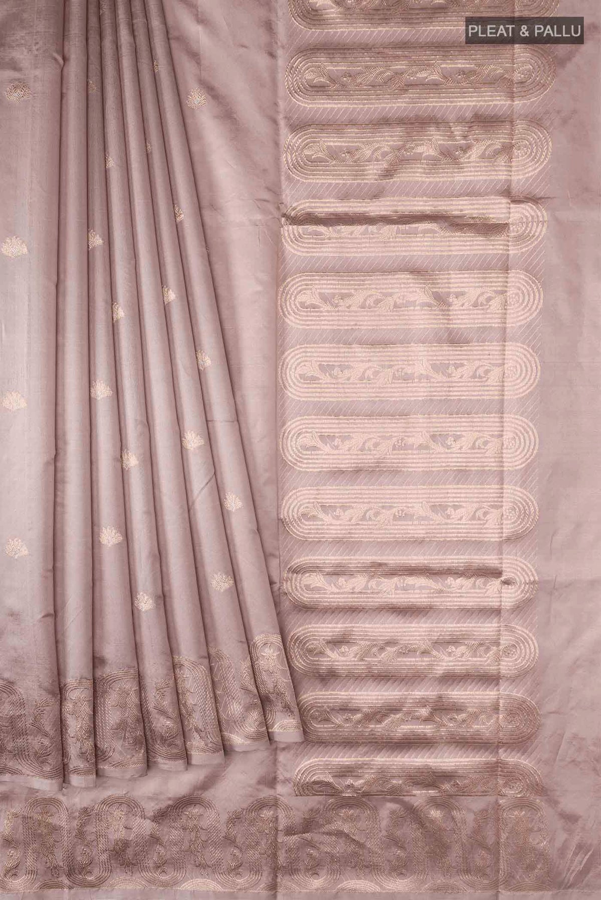 Pleats and pallu of Mauve Banarasi Katan Silk Saree with Zari Butta on the body and Zari Border
