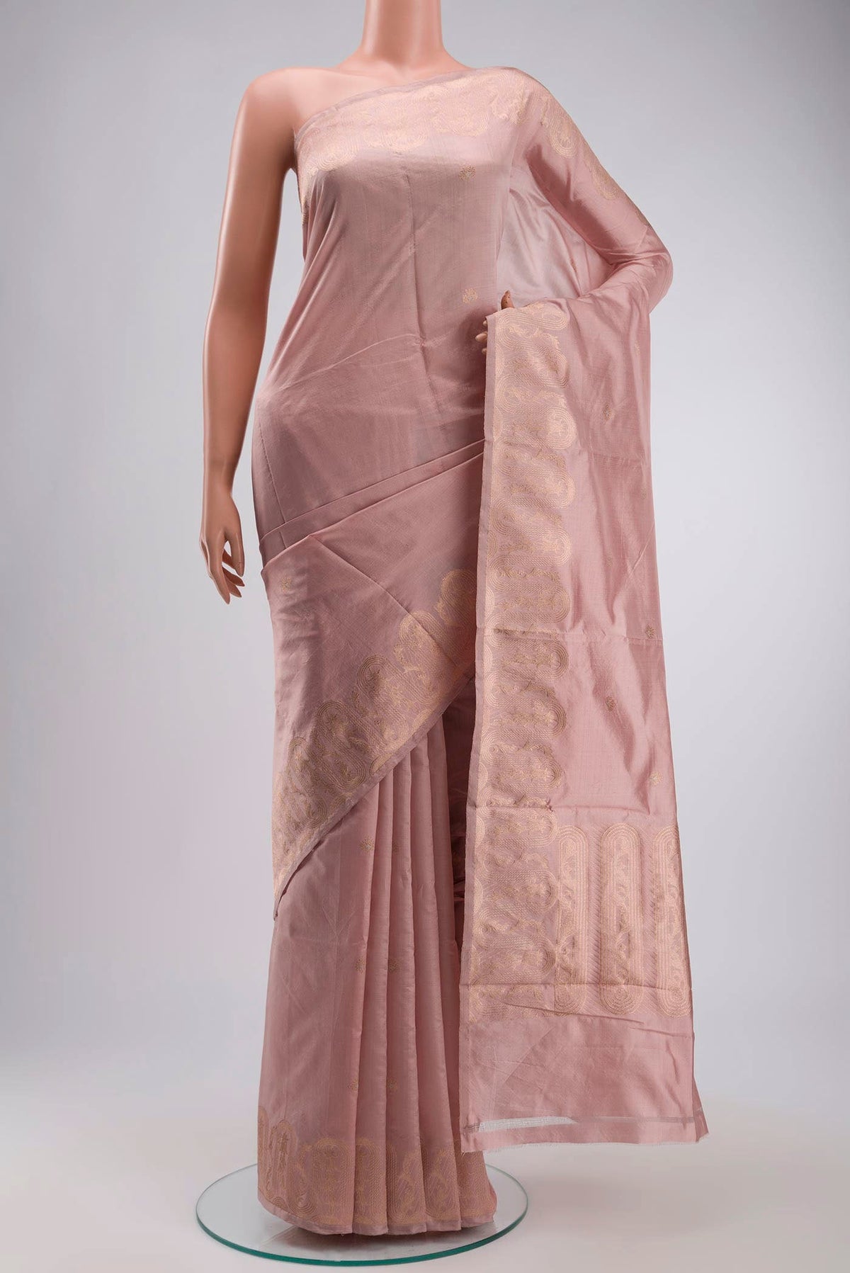 Pink Banarasi Katan Silk Saree with Zari Butta on the body and Zari Border displayed on a mannequin