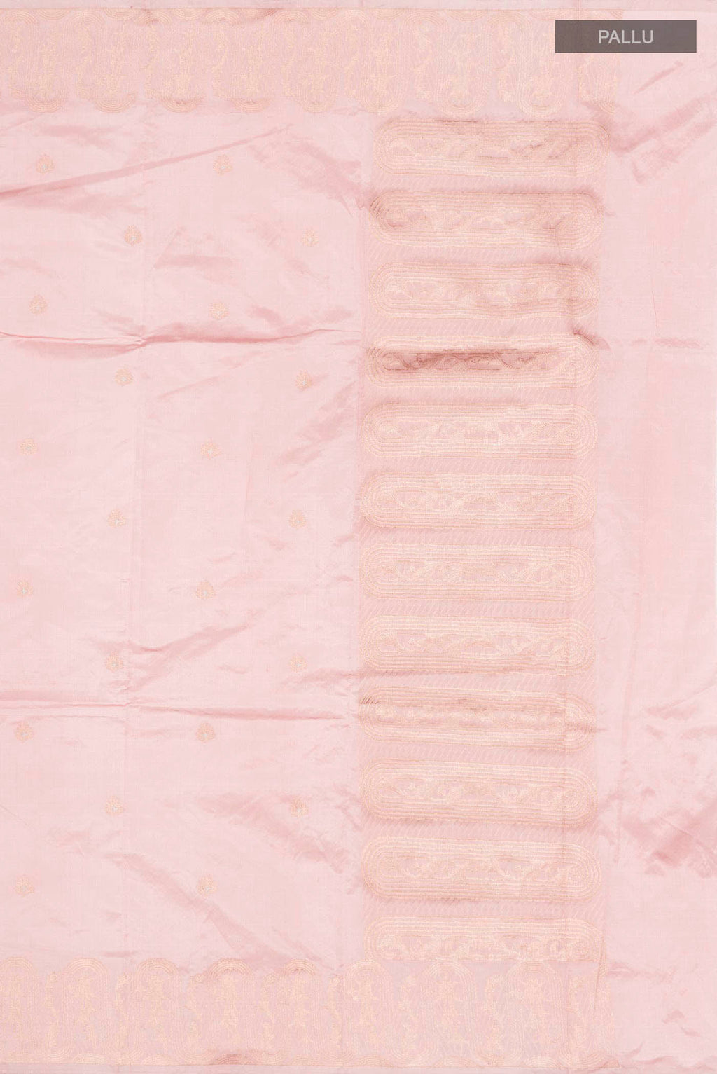Close up image of the pallu of Pink Banarasi Katan Silk Saree with Zari Butta on the body and Zari Border
