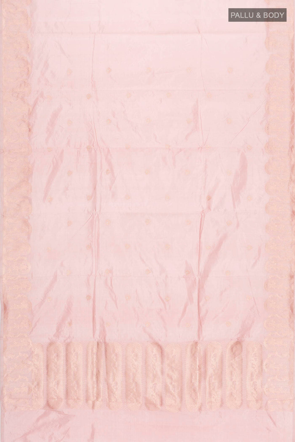 Flat view of Pink Banarasi Katan Silk Saree with Zari Butta on the body and Zari Border