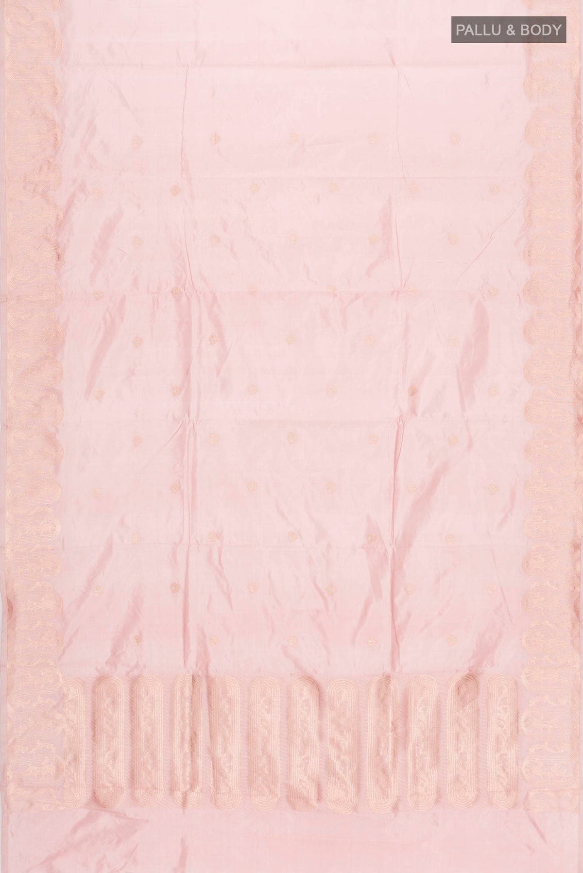 Flat view of Pink Banarasi Katan Silk Saree with Zari Butta on the body and Zari Border