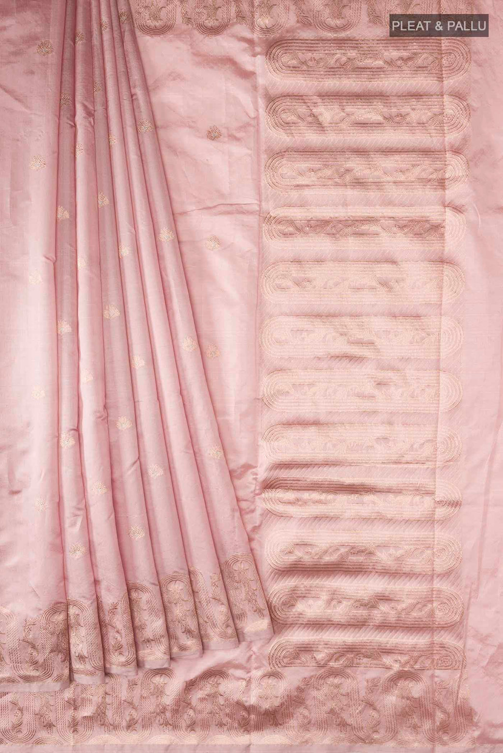 Pleats and pallu of Pink Banarasi Katan Silk Saree with Zari Butta on the body and Zari Border