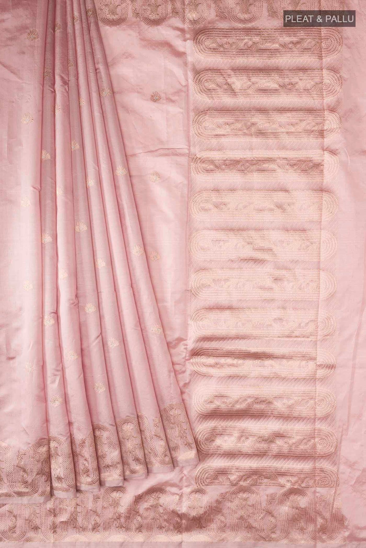 Pleats and pallu of Pink Banarasi Katan Silk Saree with Zari Butta on the body and Zari Border