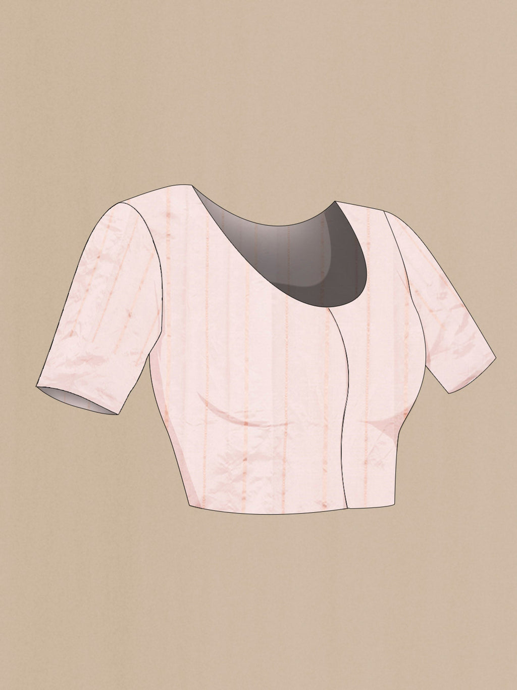 Close up image of the blouse of Rose Gold Banarasi Katan Silk Saree with Zari Butta on the body and Zari Border
