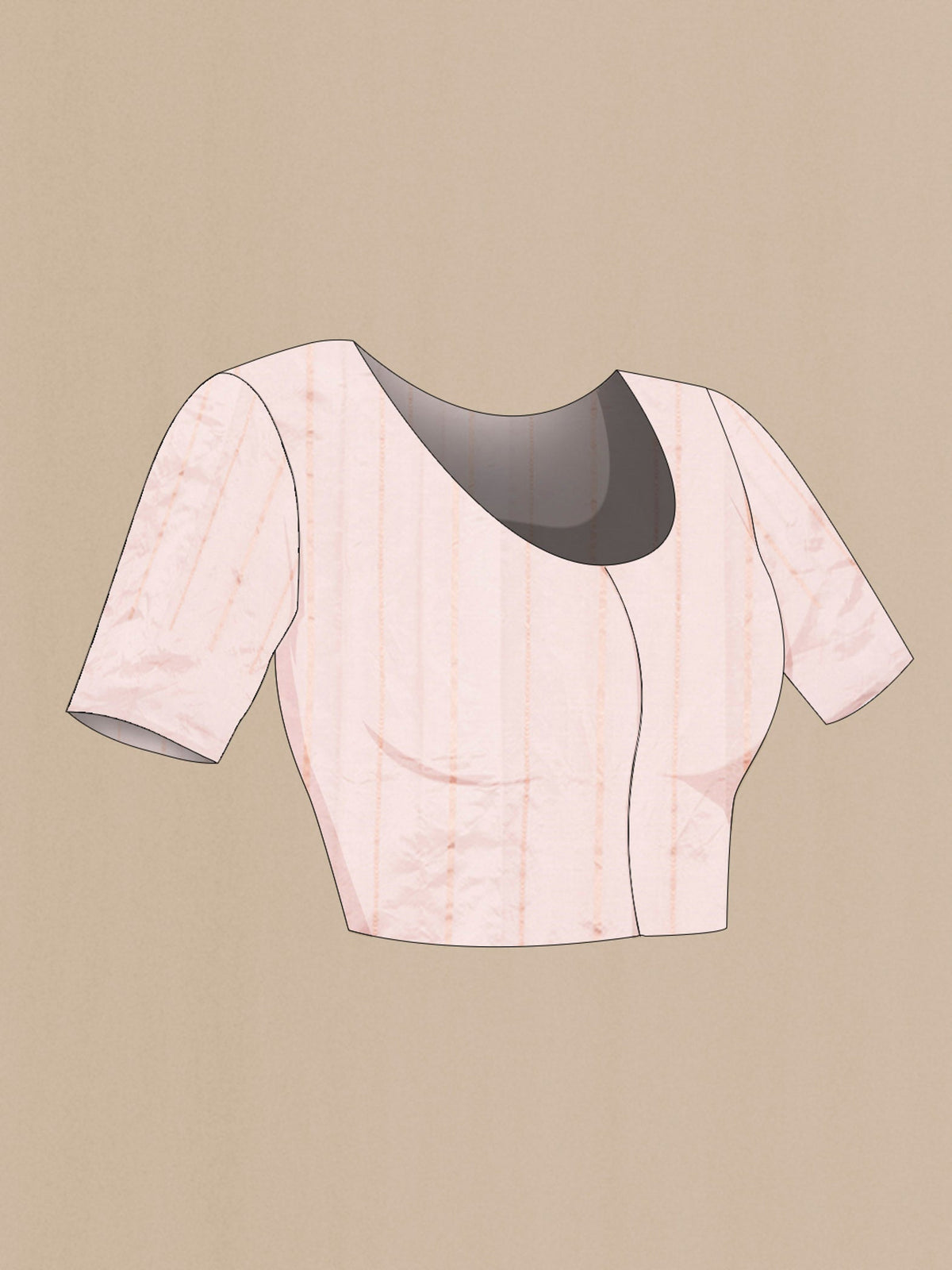 Close up image of the blouse of Rose Gold Banarasi Katan Silk Saree with Zari Butta on the body and Zari Border