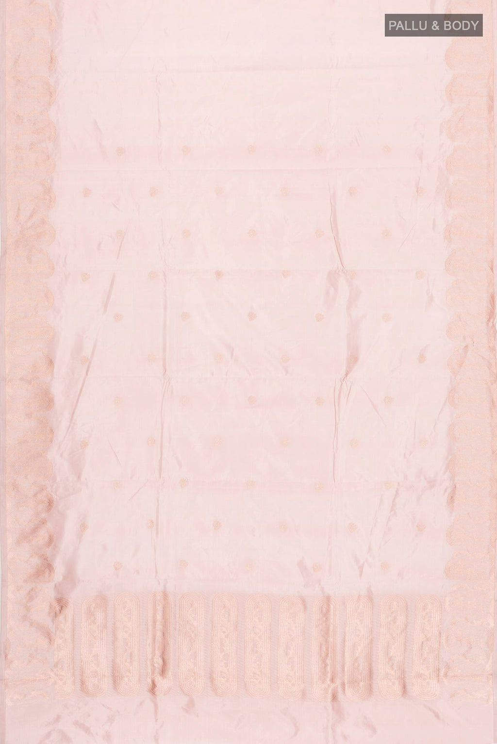 Flat view of Rose Gold Banarasi Katan Silk Saree with Zari Butta on the body and Zari Border