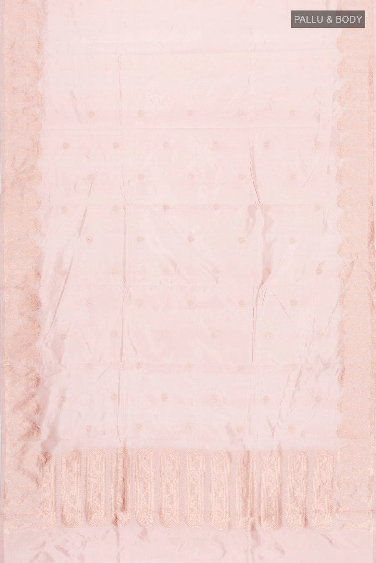 Flat view of Rose Gold Banarasi Katan Silk Saree with Zari Butta on the body and Zari Border