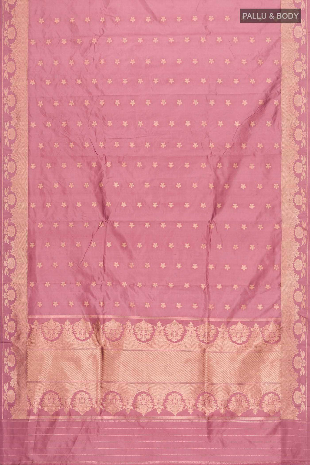 Flat view of Coral Banarasi Katan Silk Saree with Zari Butta on the body and Zari Border