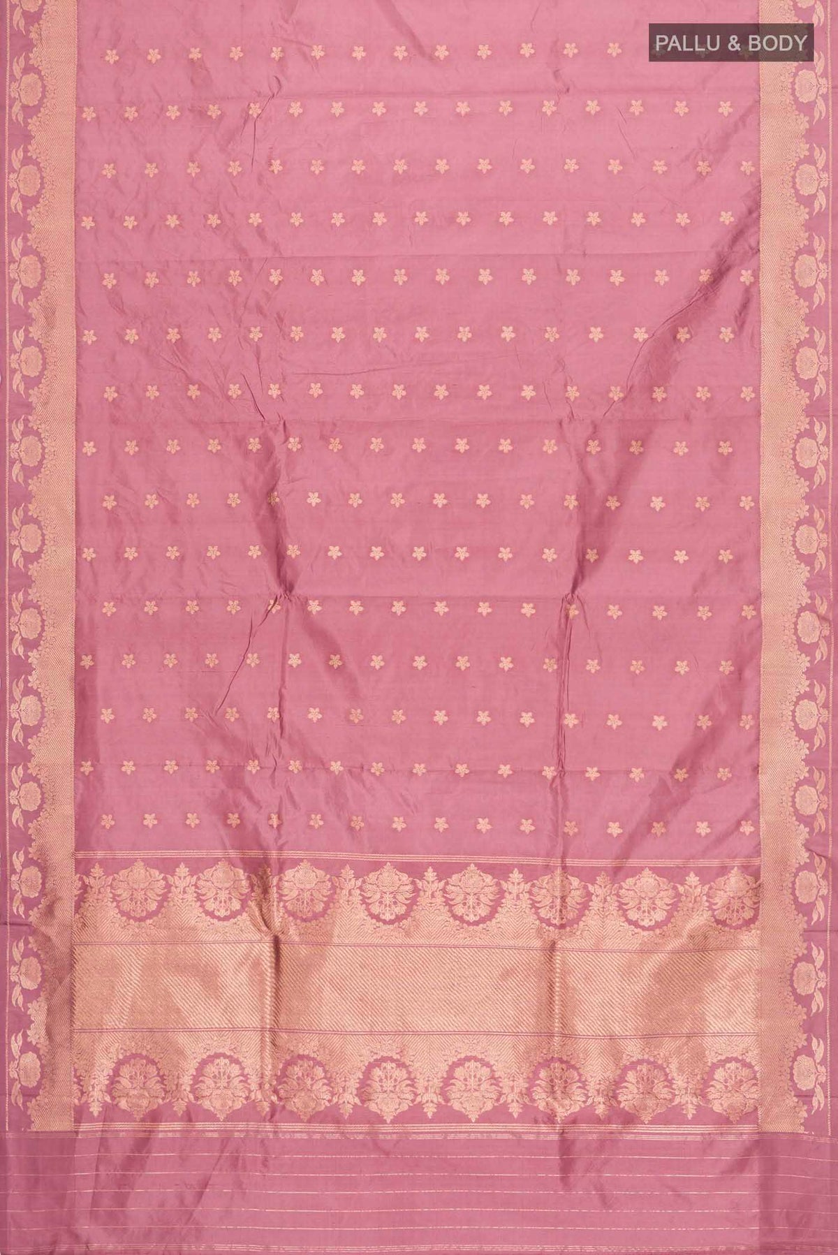 Flat view of Coral Banarasi Katan Silk Saree with Zari Butta on the body and Zari Border
