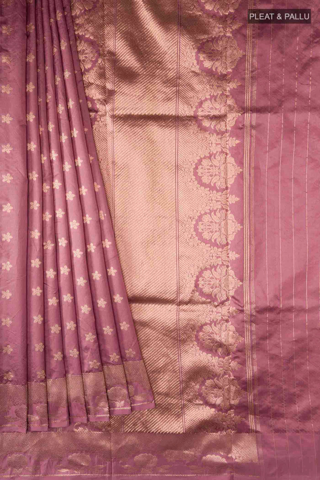 Pleats and pallu of Coral Banarasi Katan Silk Saree with Zari Butta on the body and Zari Border