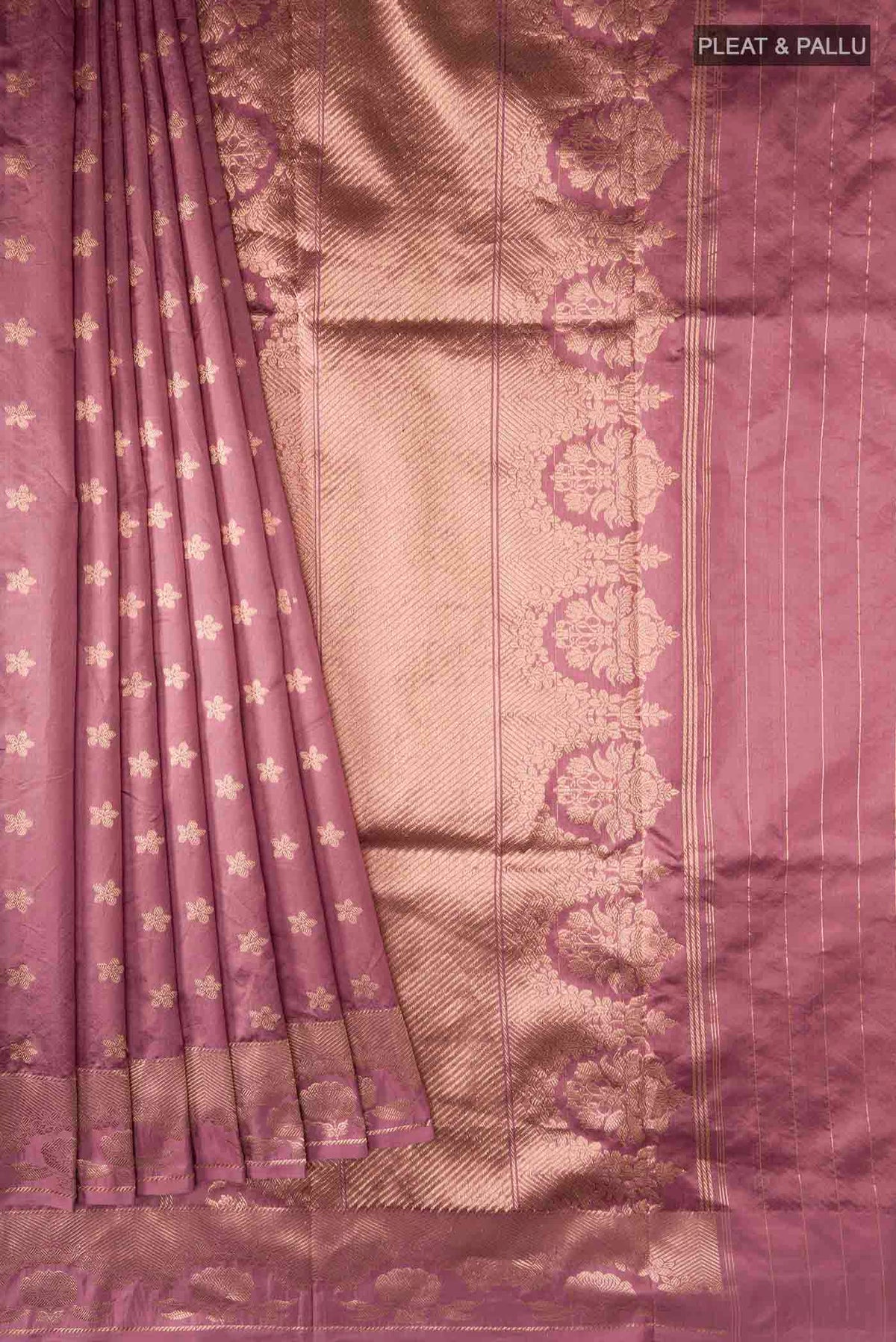 Pleats and pallu of Coral Banarasi Katan Silk Saree with Zari Butta on the body and Zari Border