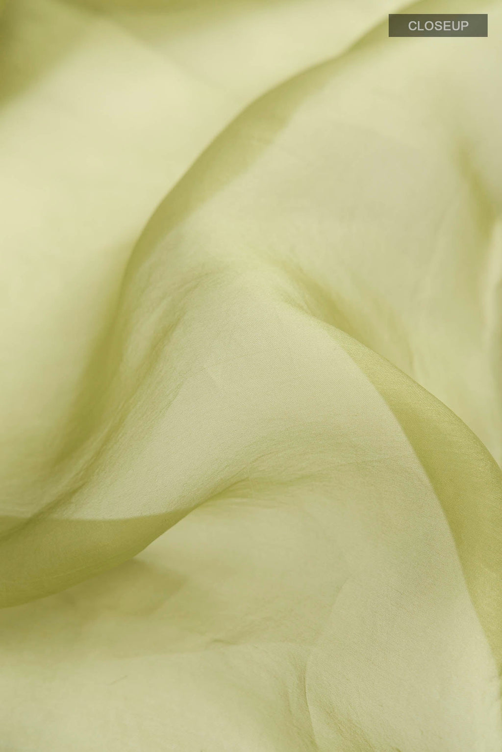 Close up of Green Organza Silk Saree with Plain Body and Embroidery Border displaying folds