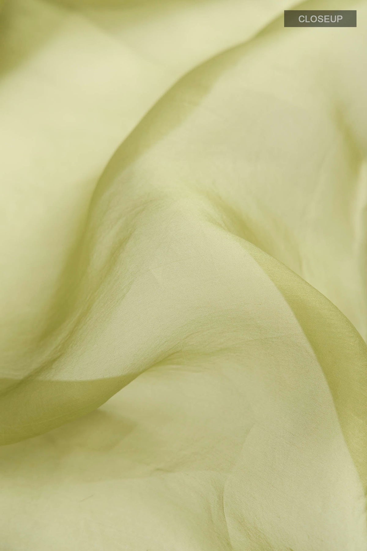 Close up of Green Organza Silk Saree with Plain Body and Embroidery Border displaying folds