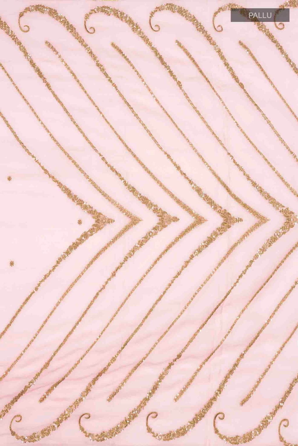 Close up image of the pallu of Pink Organza Silk Saree with Embroidery on the body and Zari Border