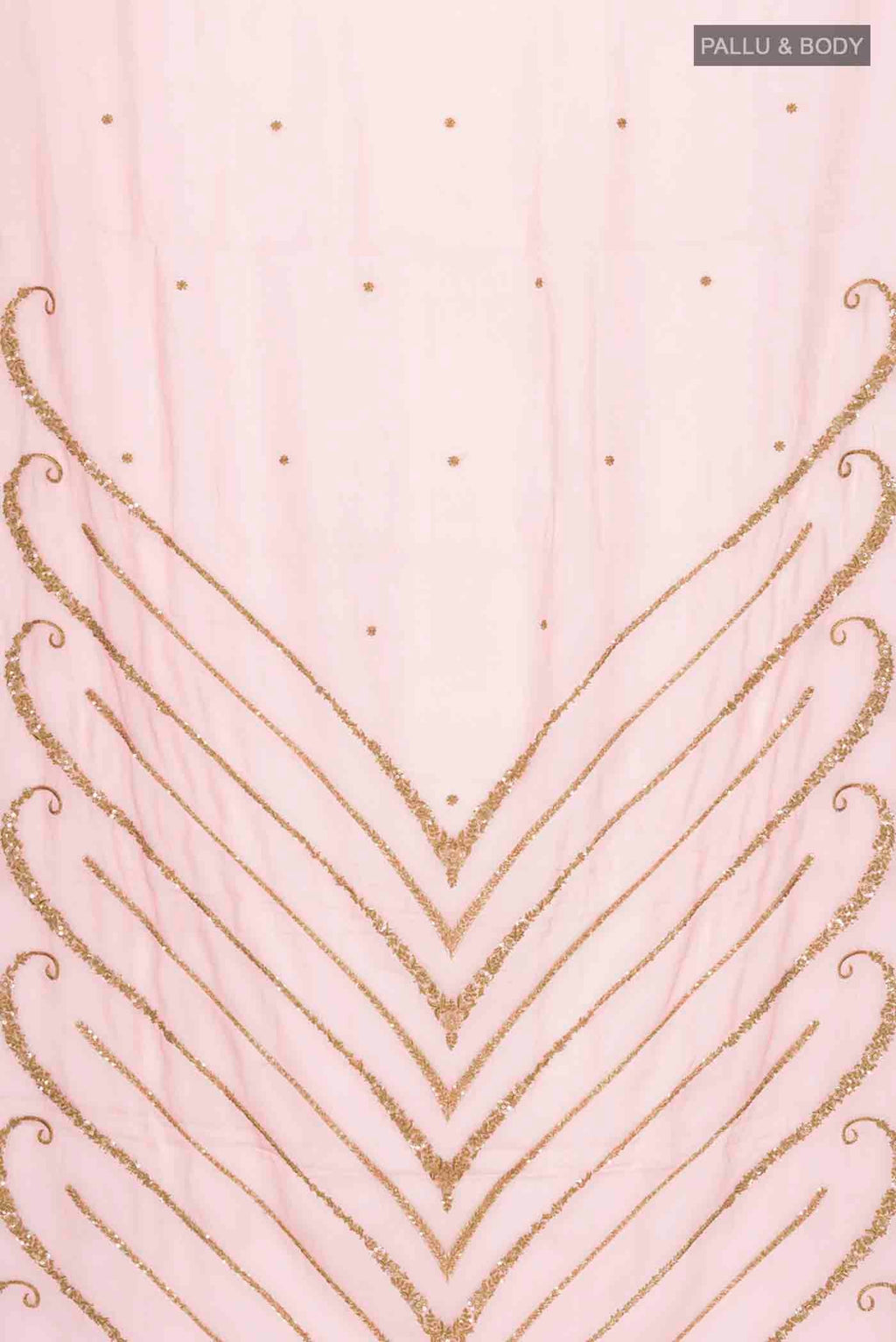 Flat view of Pink Organza Silk Saree with Embroidery on the body and Zari Border