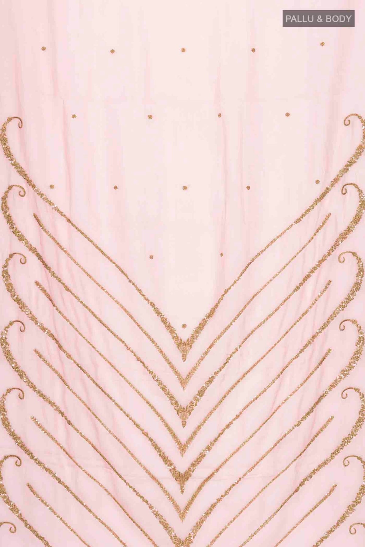 Flat view of Pink Organza Silk Saree with Embroidery on the body and Zari Border