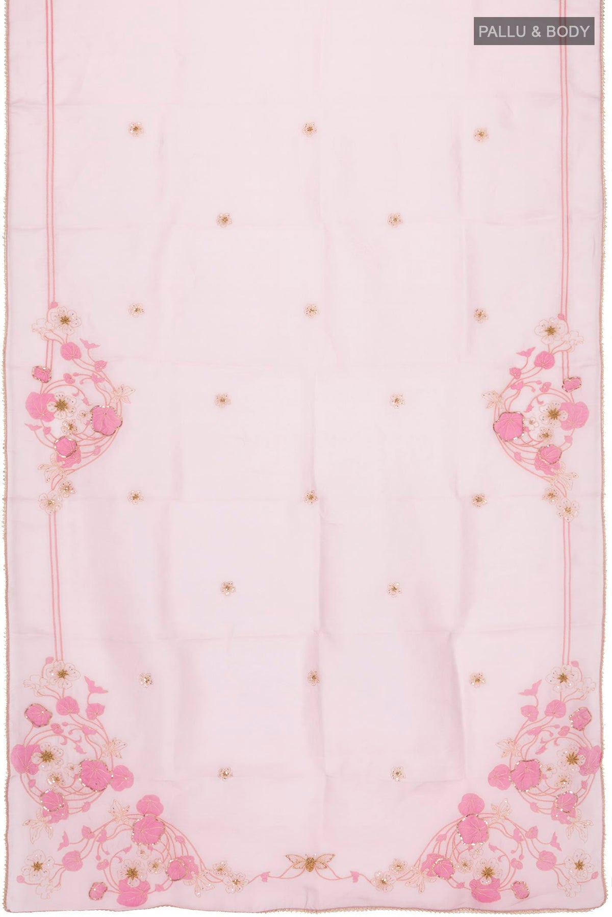 Flat view of Mauve Organza Silk Saree with Plain Body and Embroidery Border